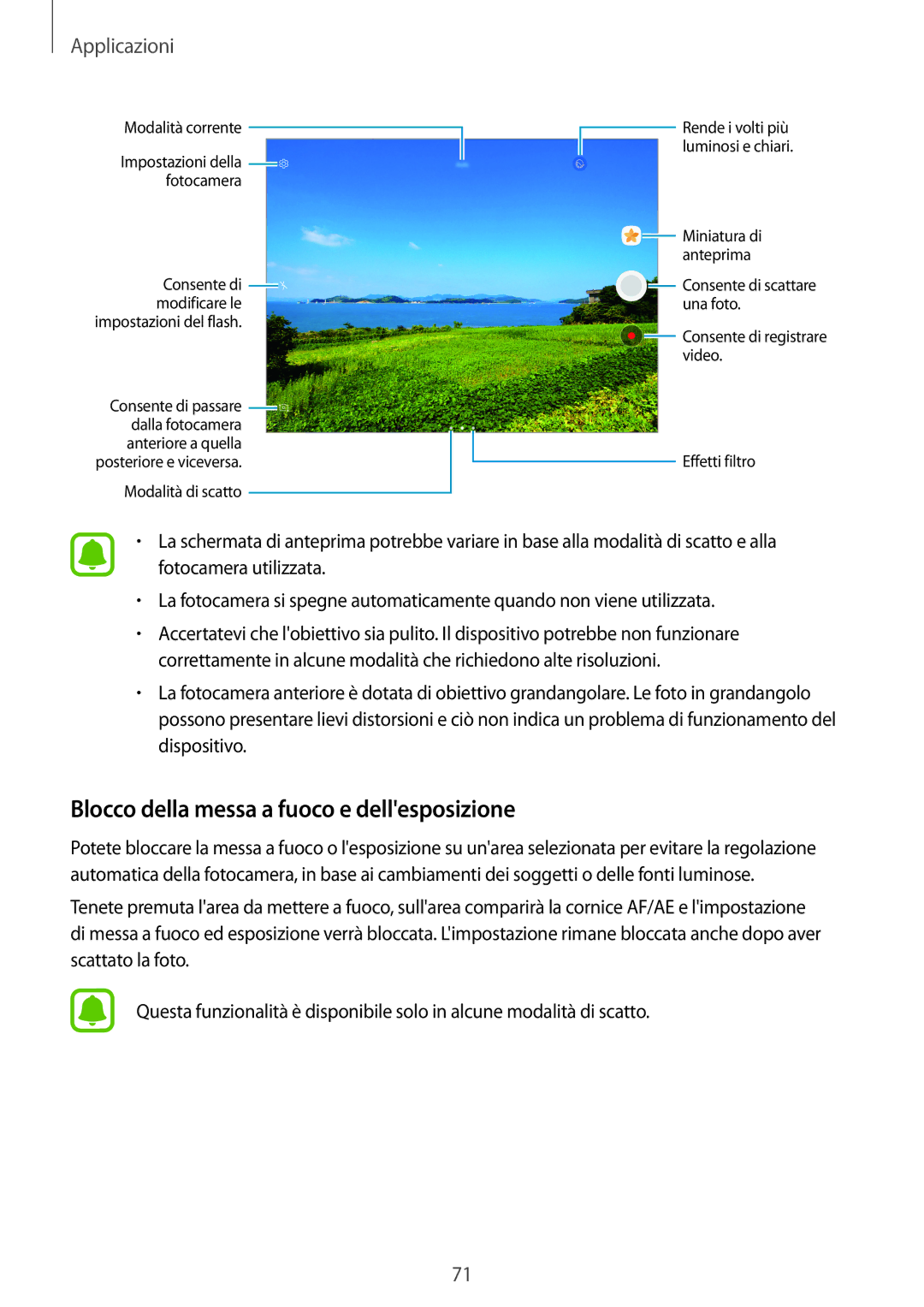 Samsung SM-T820NZKAITV, SM-T820NZSAITV manual Blocco della messa a fuoco e dellesposizione, Impostazioni del flash 