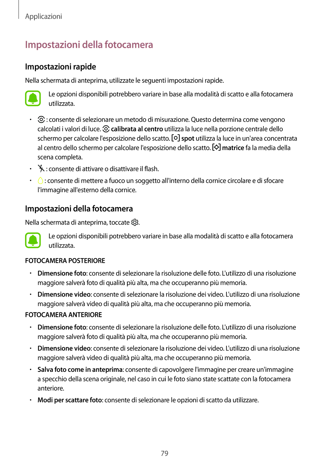 Samsung SM-T820NZKAITV, SM-T820NZSAITV manual Impostazioni della fotocamera, Impostazioni rapide 