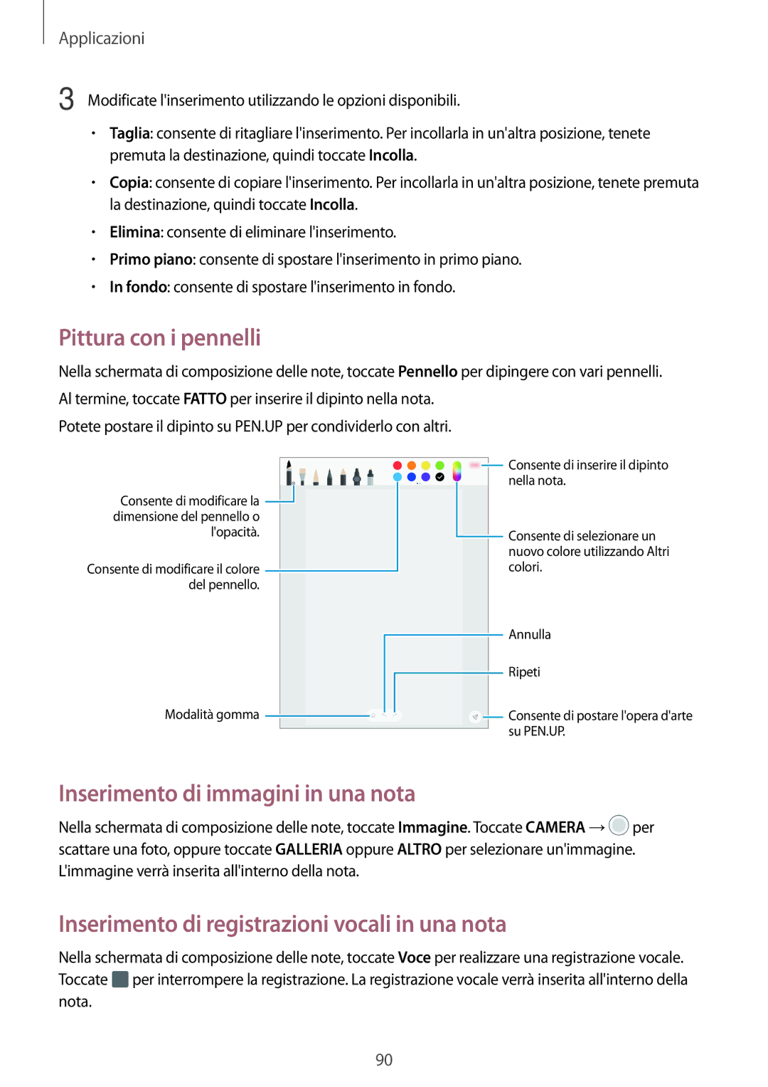 Samsung SM-T820NZSAITV, SM-T820NZKAITV manual Pittura con i pennelli, Inserimento di immagini in una nota 