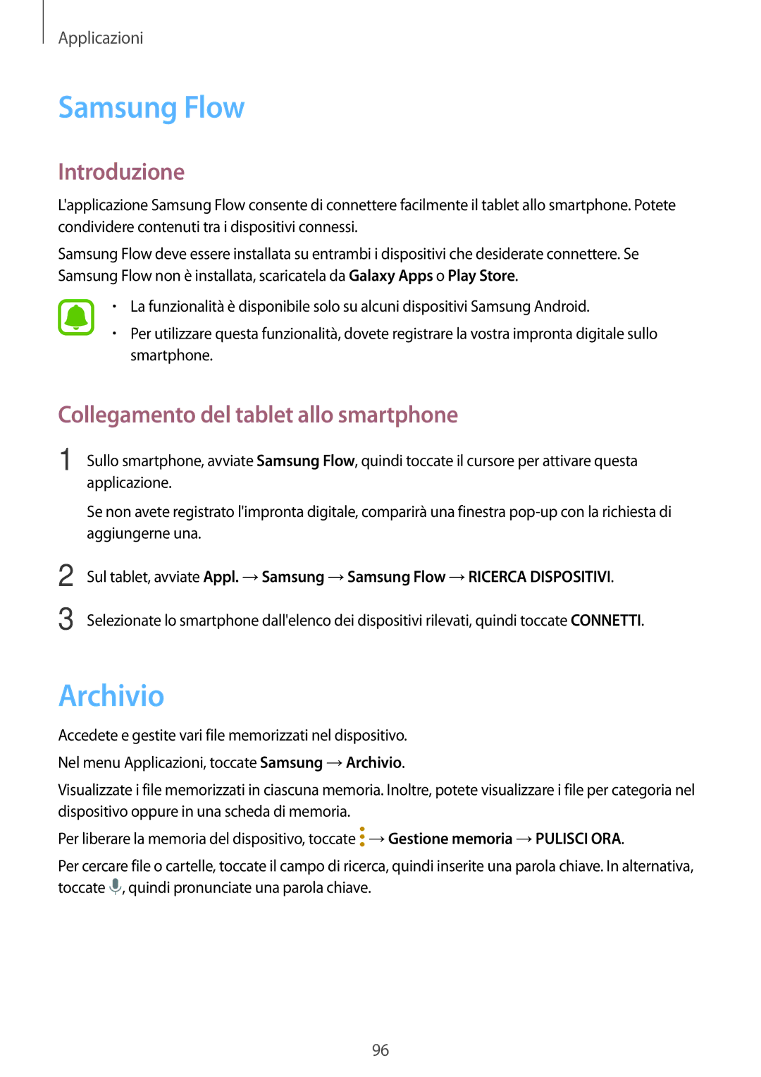 Samsung SM-T820NZSAITV, SM-T820NZKAITV manual Samsung Flow, Archivio, Collegamento del tablet allo smartphone 