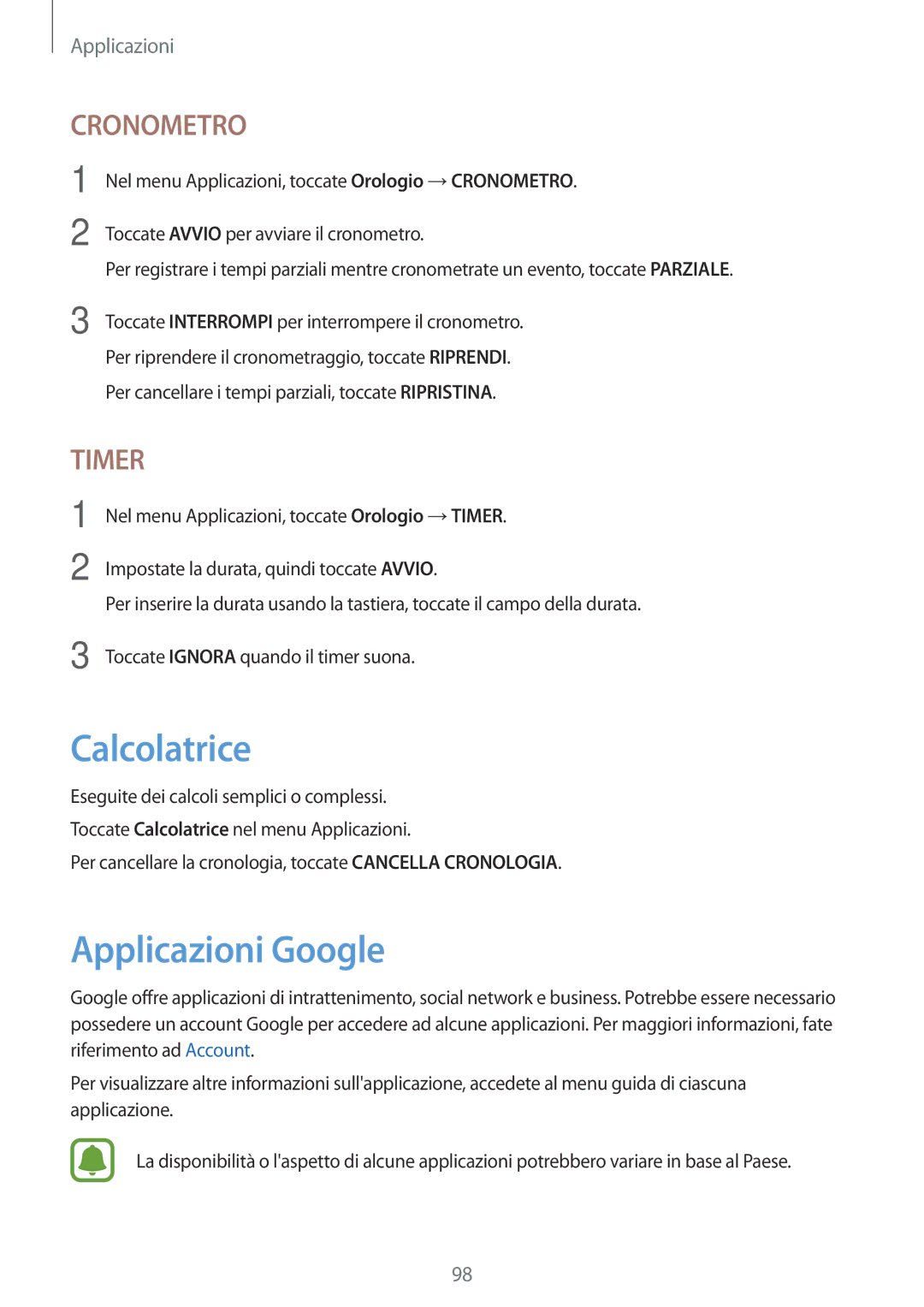 Samsung SM-T820NZSAITV, SM-T820NZKAITV manual Calcolatrice, Applicazioni Google 