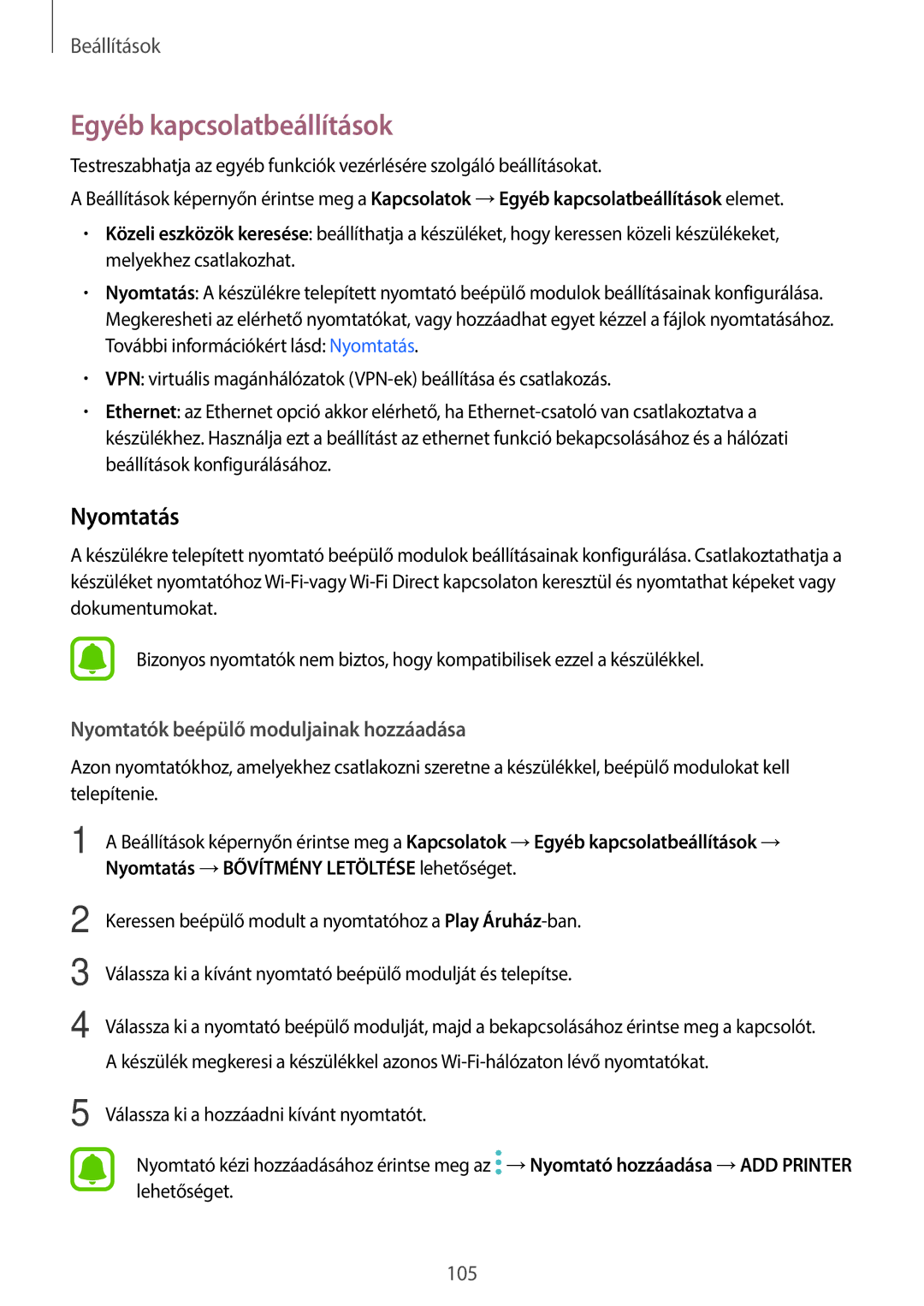 Samsung SM-T820NZSAXEH manual Egyéb kapcsolatbeállítások, Nyomtatás 