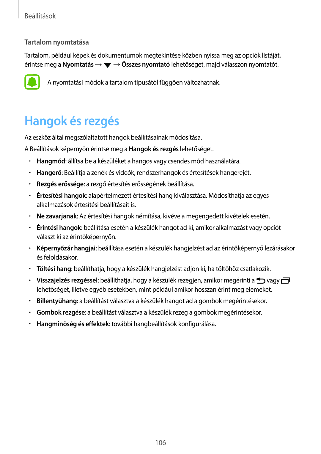 Samsung SM-T820NZSAXEH manual Hangok és rezgés, Tartalom nyomtatása 