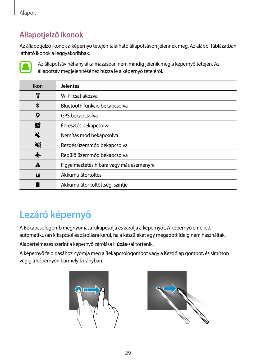 Samsung SM-T820NZSAXEH manual Lezáró képernyő, Állapotjelző ikonok 