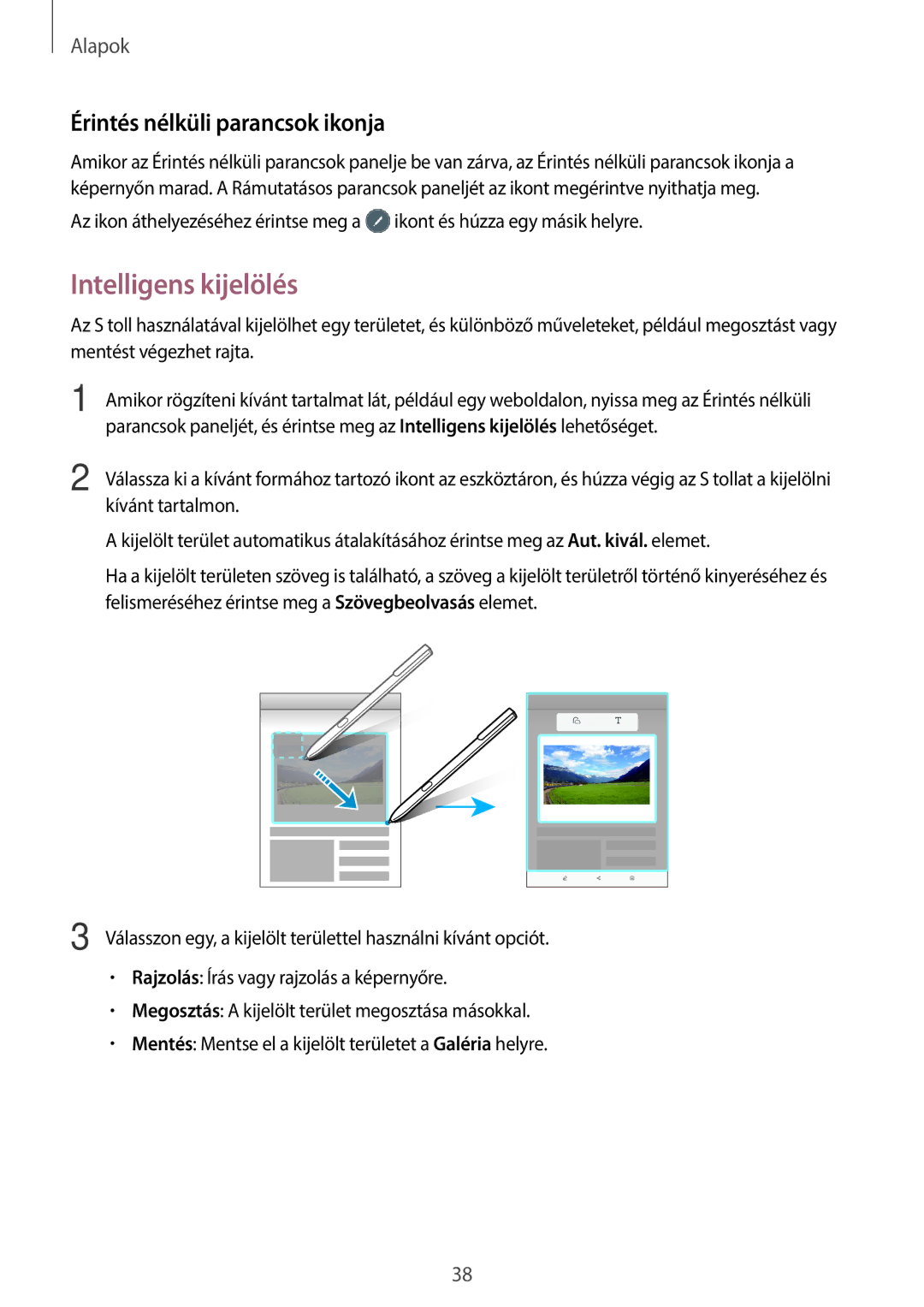 Samsung SM-T820NZSAXEH manual Intelligens kijelölés, Érintés nélküli parancsok ikonja 