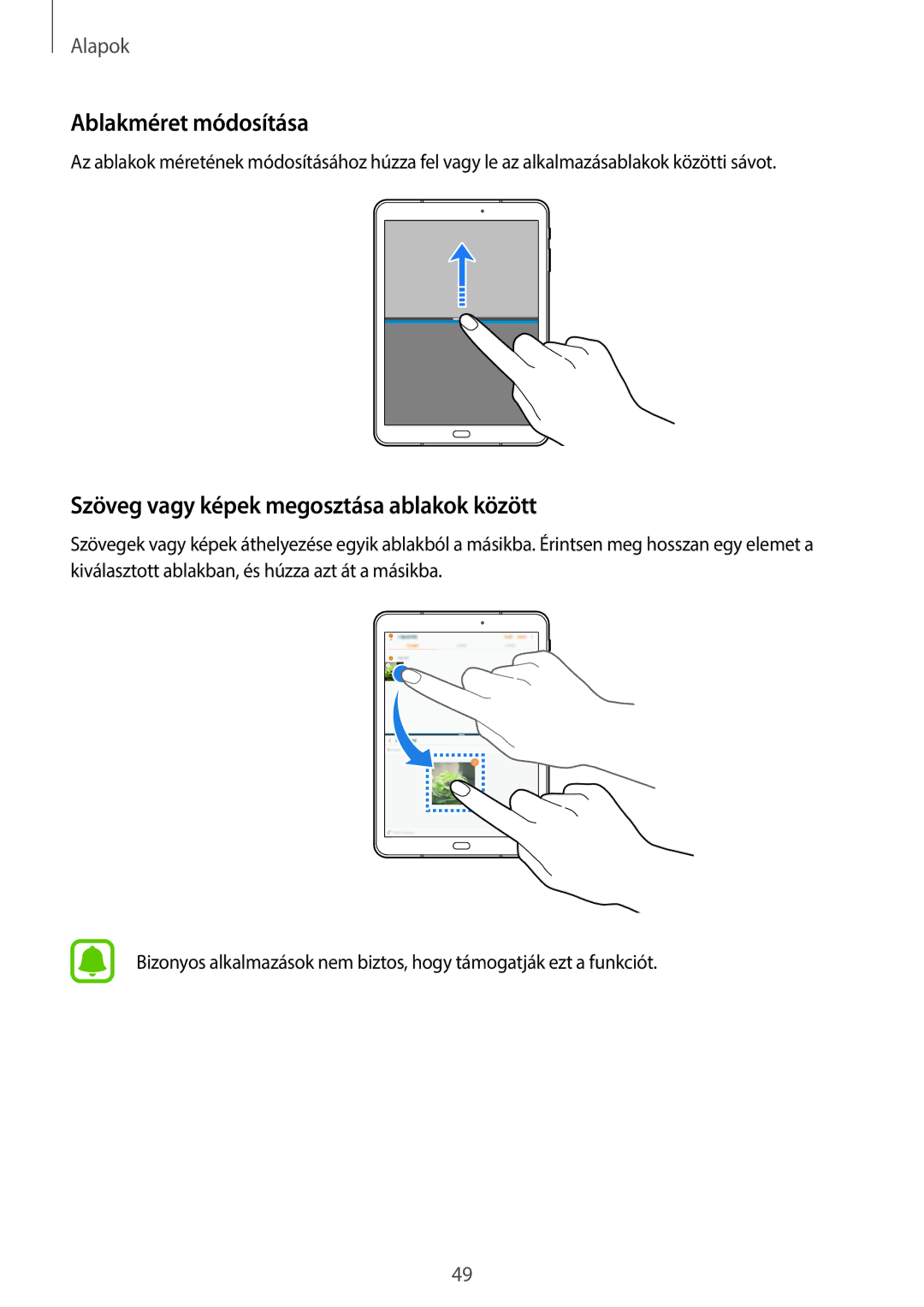 Samsung SM-T820NZSAXEH manual Ablakméret módosítása, Szöveg vagy képek megosztása ablakok között 