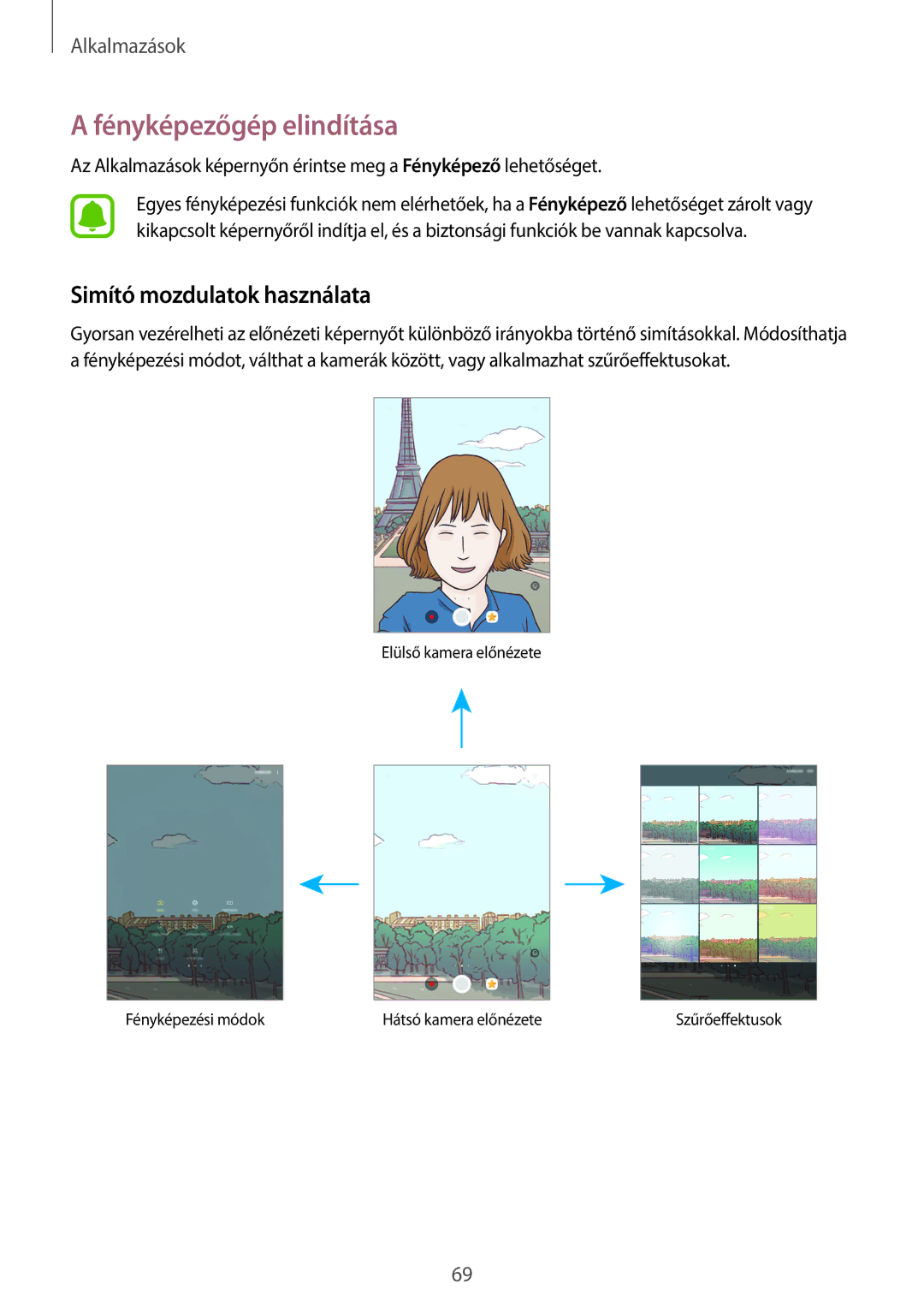 Samsung SM-T820NZSAXEH manual Fényképezőgép elindítása, Simító mozdulatok használata 