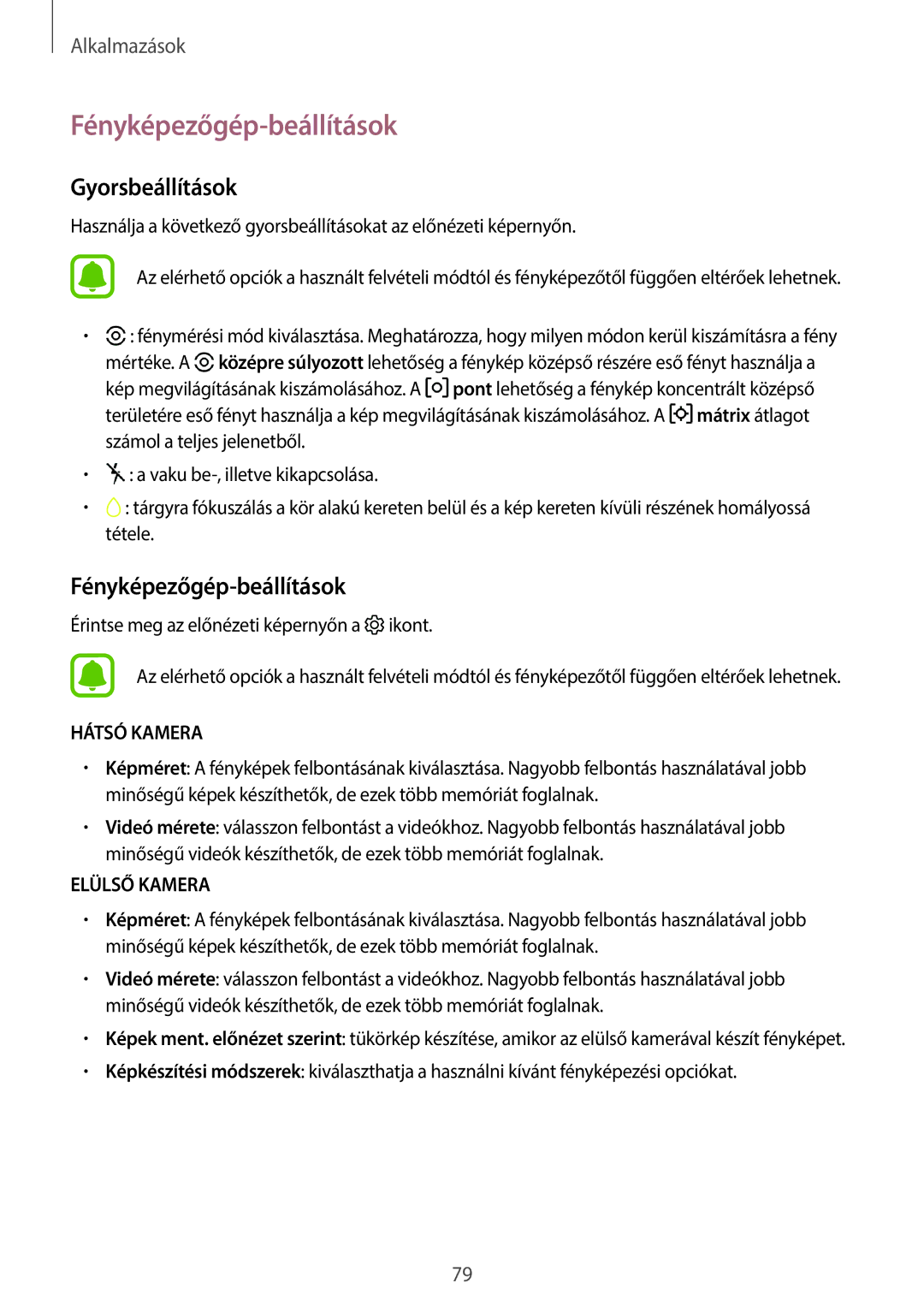 Samsung SM-T820NZSAXEH manual Fényképezőgép-beállítások, Gyorsbeállítások 