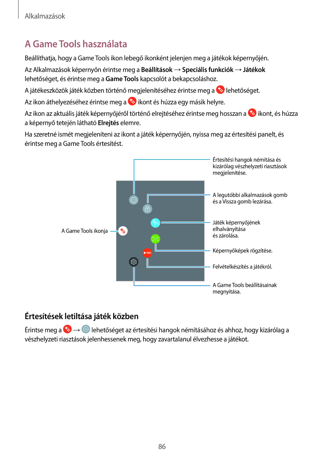 Samsung SM-T820NZSAXEH manual Game Tools használata, Értesítések letiltása játék közben 