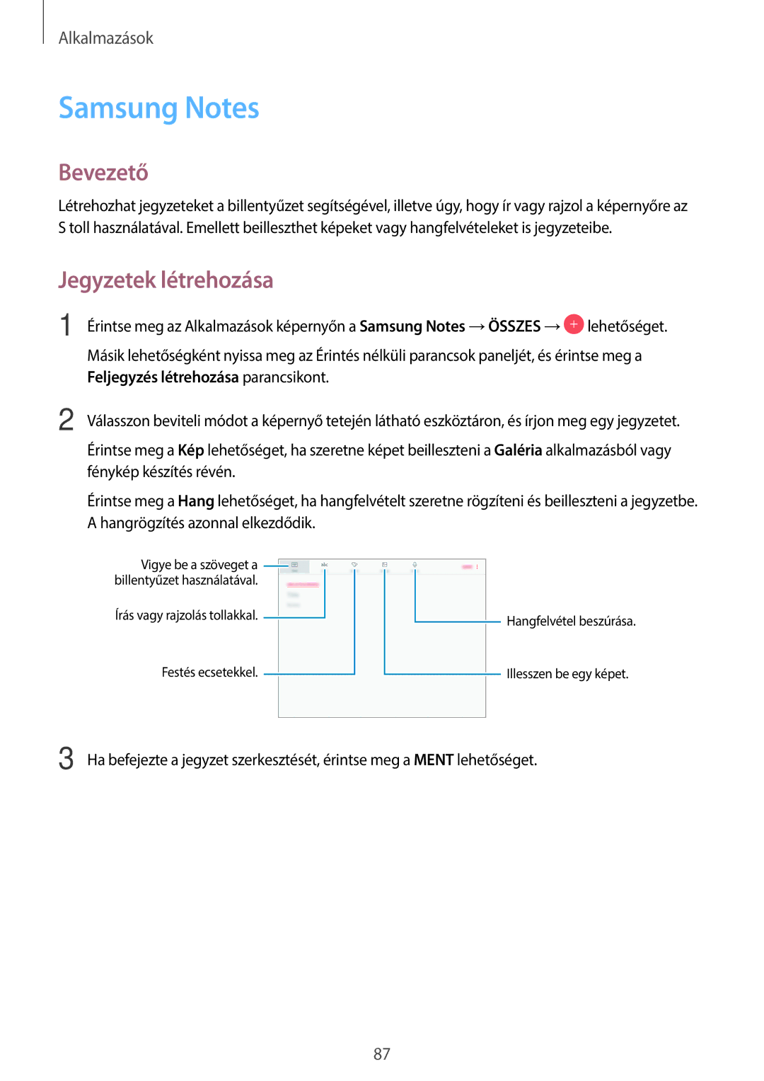 Samsung SM-T820NZSAXEH manual Samsung Notes, Jegyzetek létrehozása 