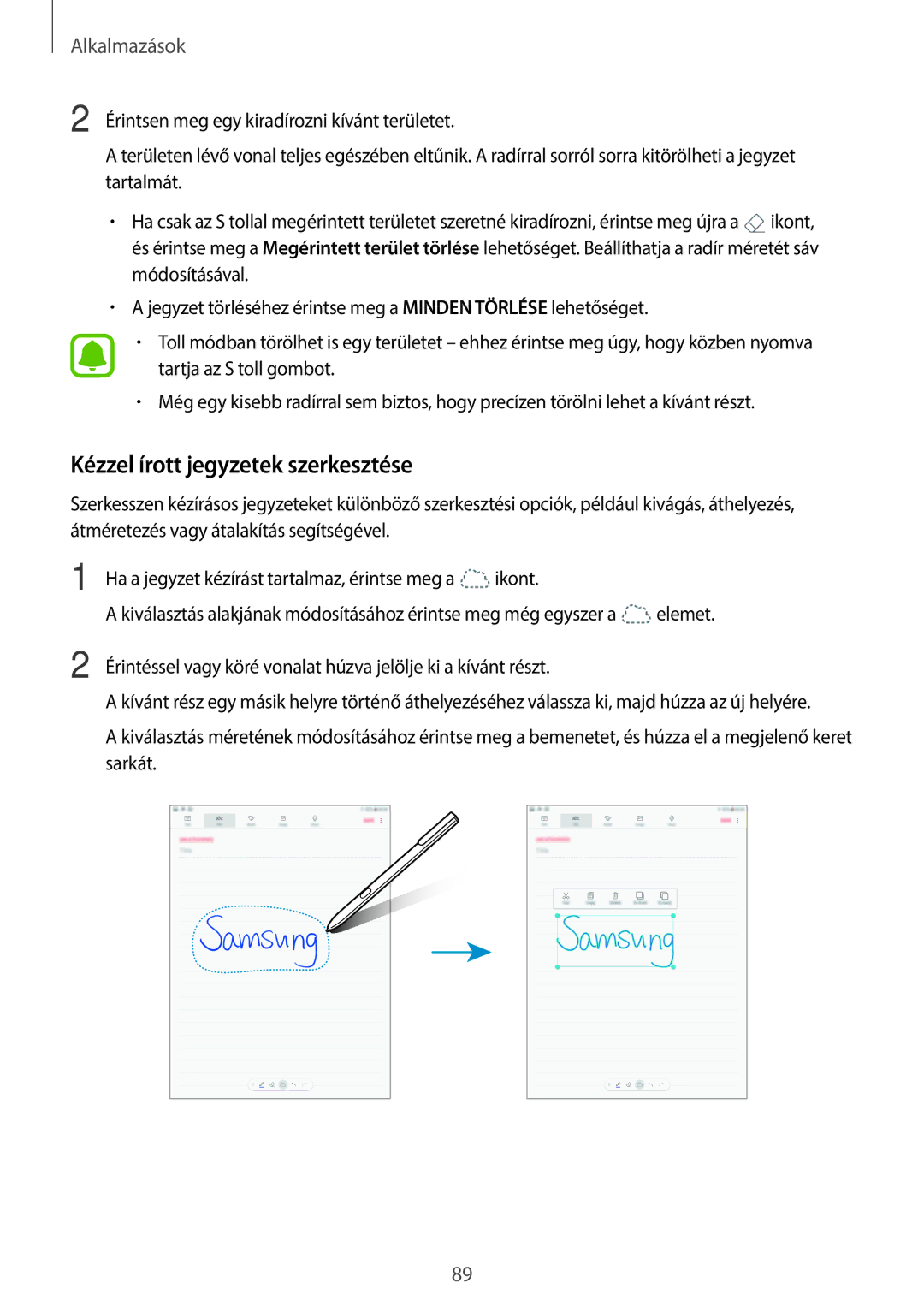 Samsung SM-T820NZSAXEH manual Kézzel írott jegyzetek szerkesztése 