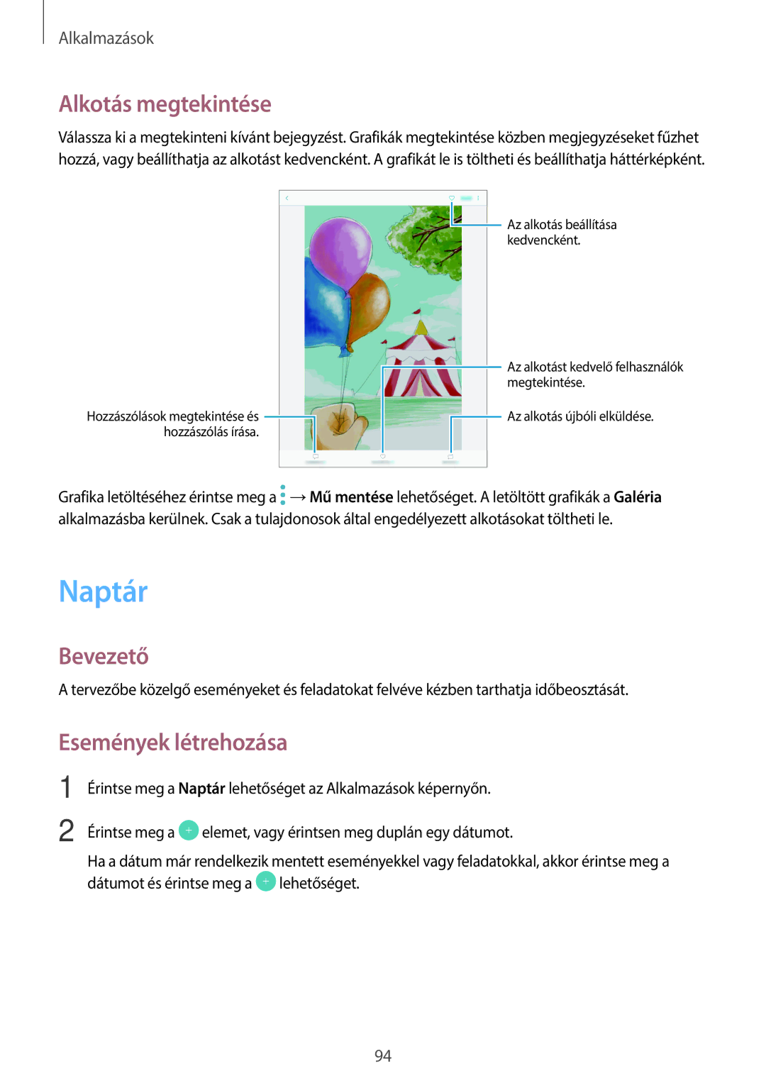 Samsung SM-T820NZSAXEH manual Naptár, Alkotás megtekintése, Események létrehozása 