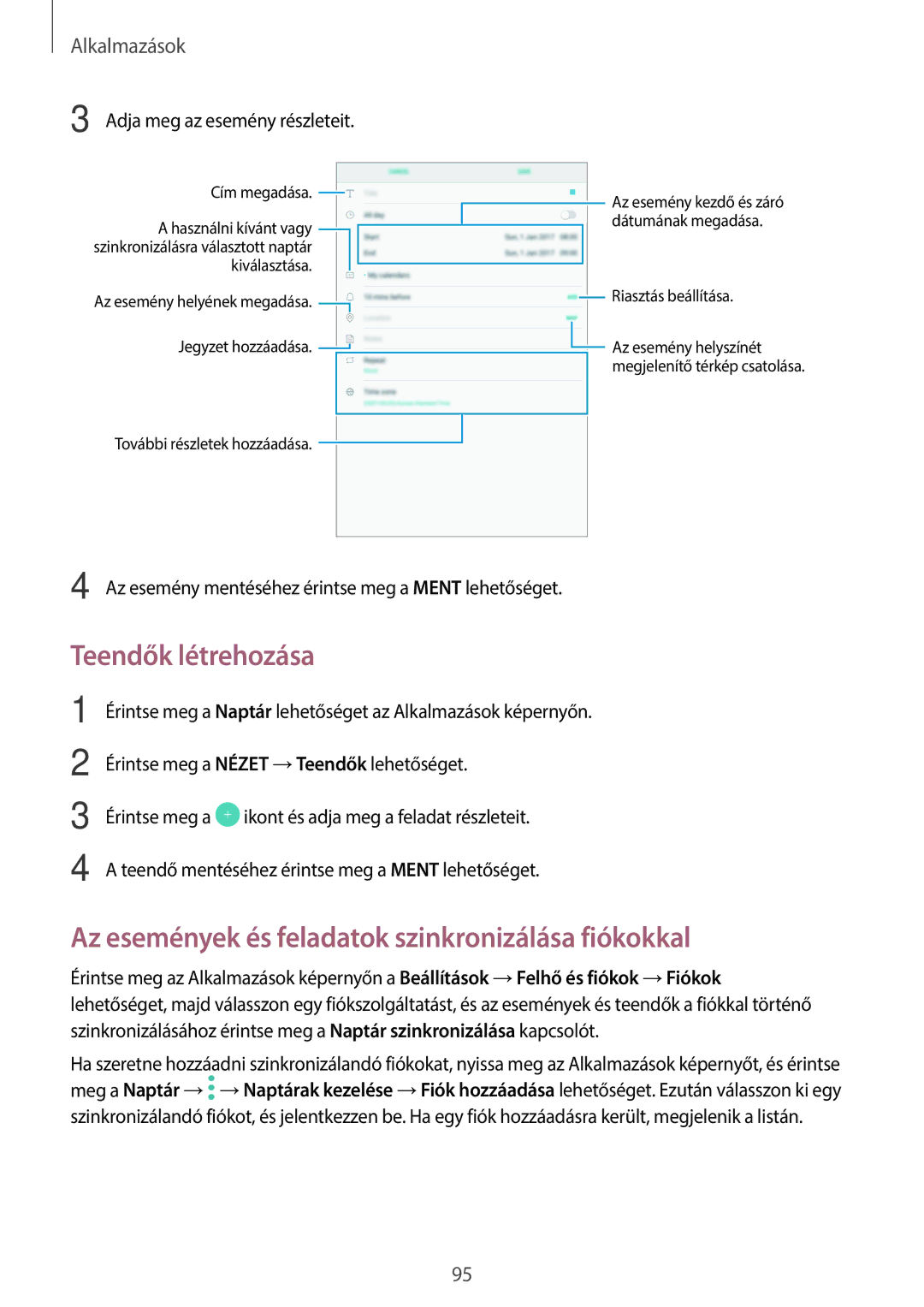 Samsung SM-T820NZSAXEH manual Teendők létrehozása, Az események és feladatok szinkronizálása fiókokkal 