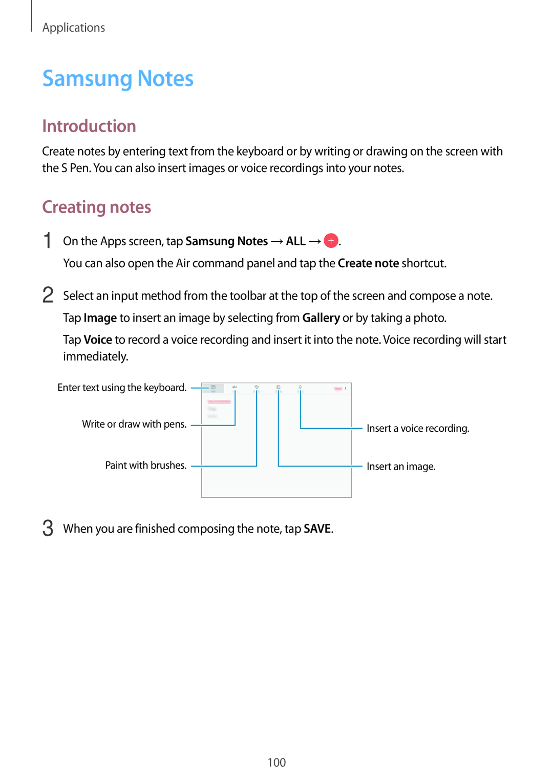 Samsung SM-T825NZKAXEZ, SM-T825NZKADBT, SM-T825NZSADBT, SM-T825NZSAXEF, SM-T825NZKAXEF manual Samsung Notes, Creating notes 