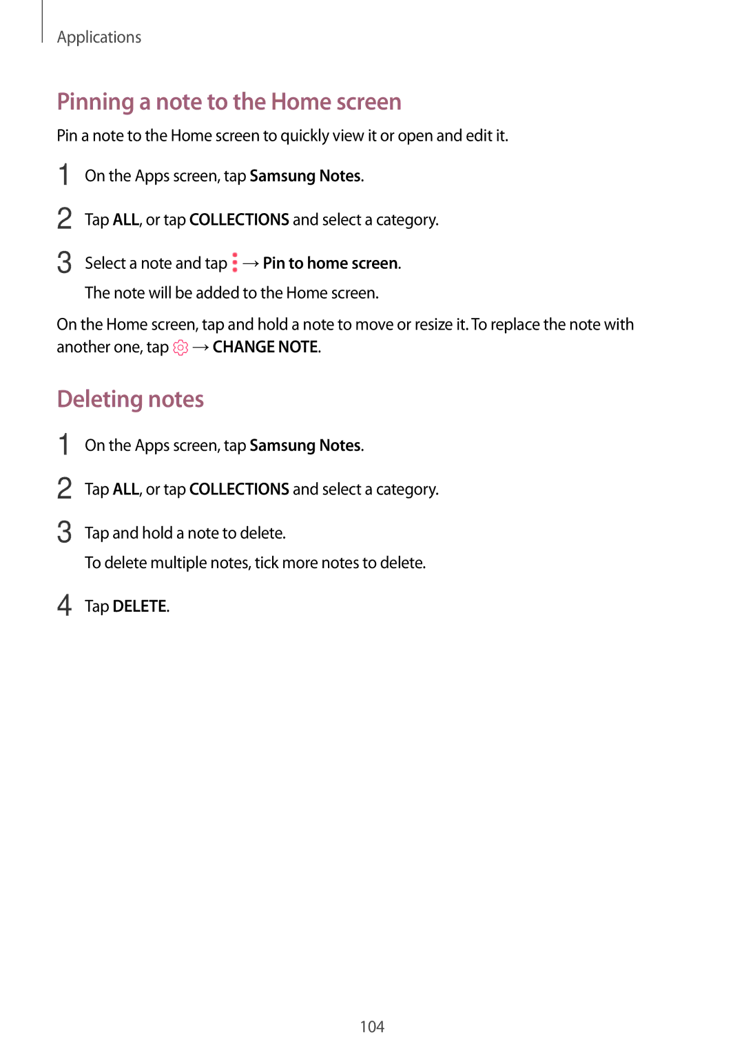 Samsung SM-T825NZKASEB, SM-T825NZKADBT, SM-T825NZSADBT, SM-T825NZSAXEF Pinning a note to the Home screen, Deleting notes 