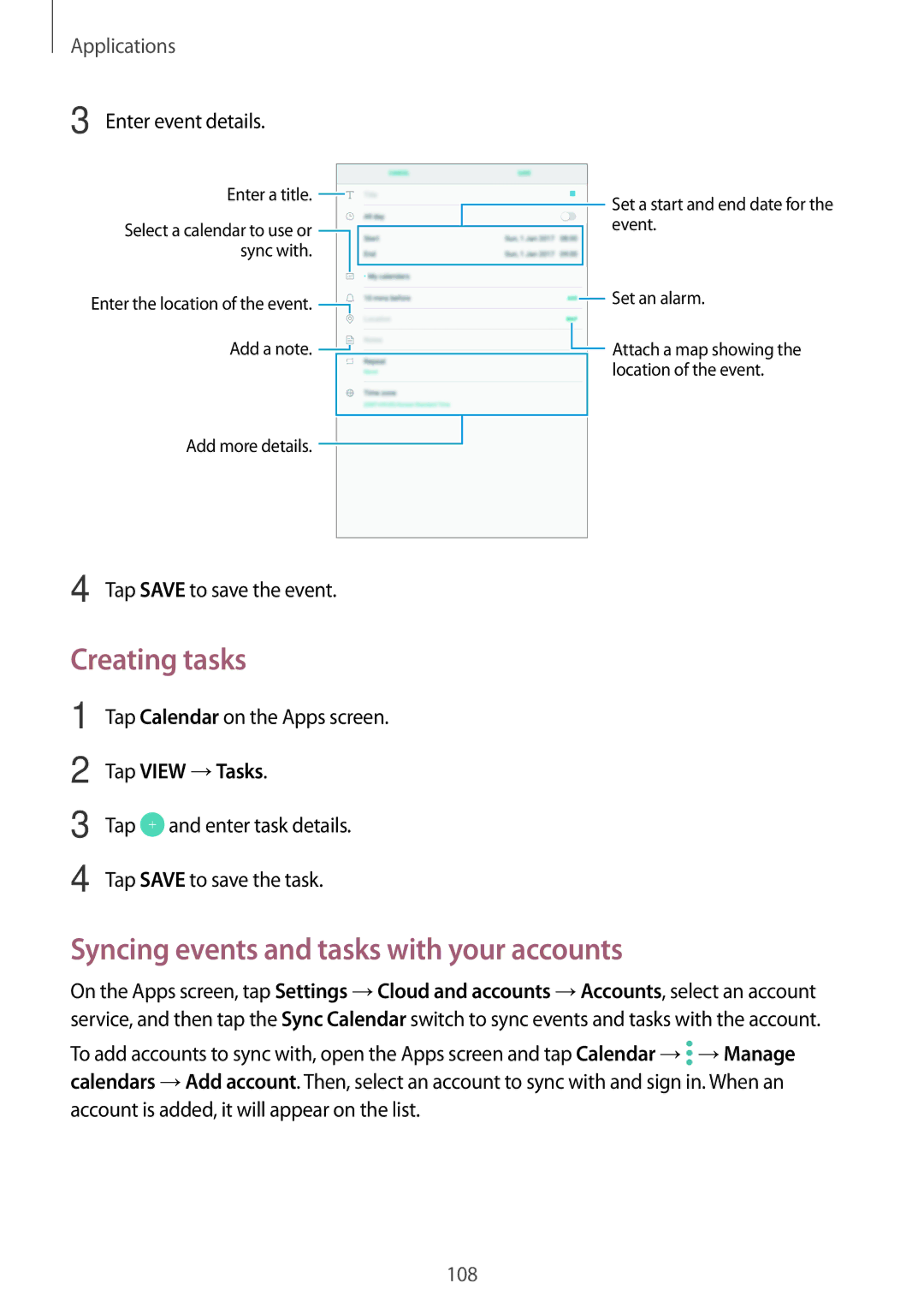 Samsung SM-T825NZKASER, SM-T825NZKADBT manual Creating tasks, Syncing events and tasks with your accounts, Tap View →Tasks 