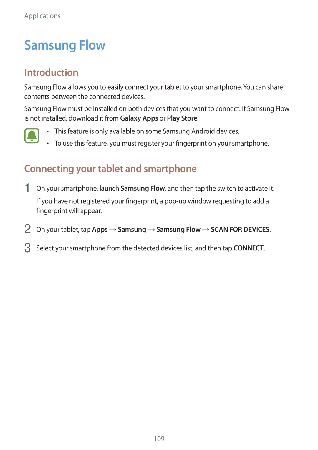 Samsung SM-T825NZSASER, SM-T825NZKADBT, SM-T825NZSADBT, SM-T825NZSAXEF Samsung Flow, Connecting your tablet and smartphone 