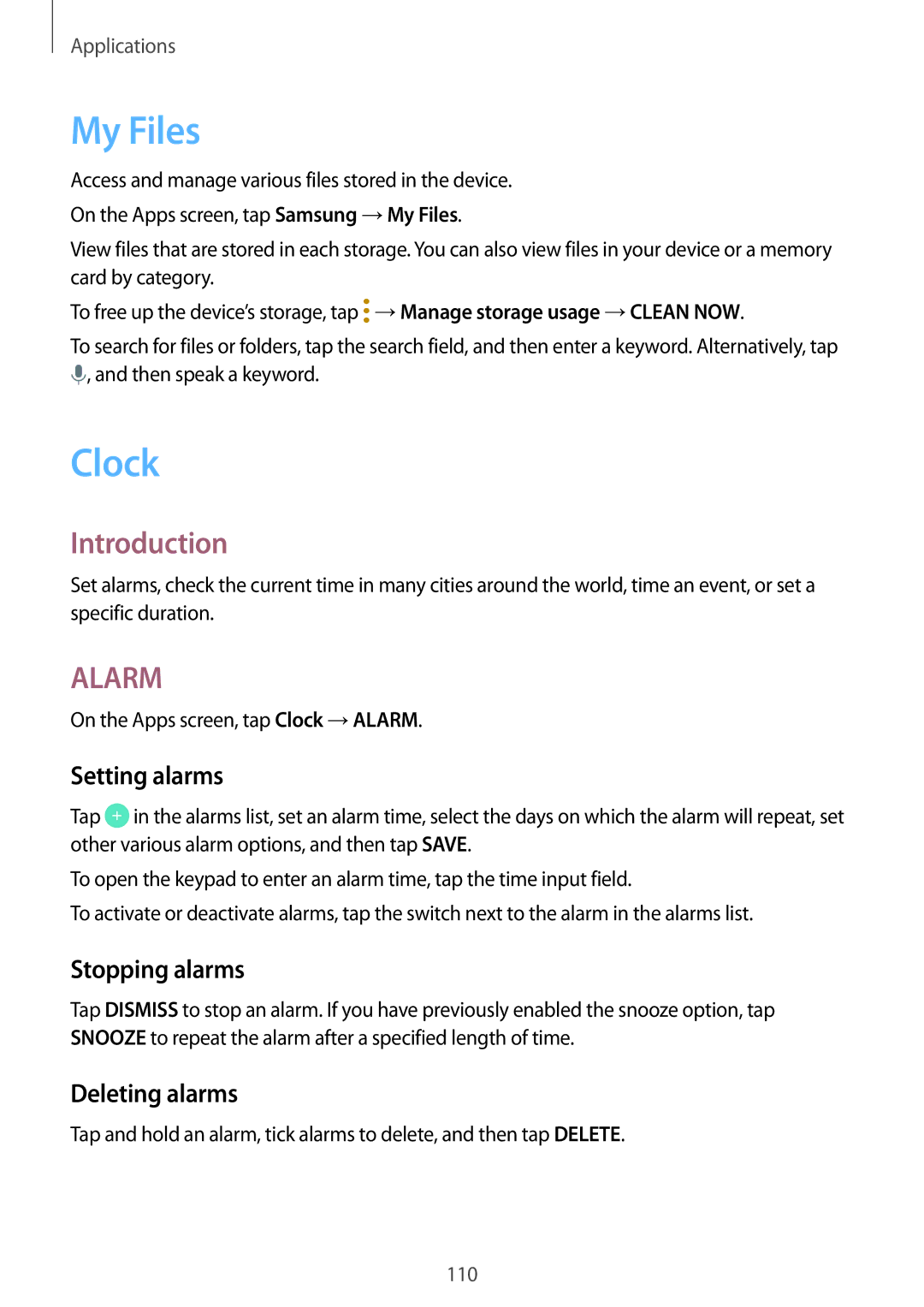Samsung SM-T825NZKADBT, SM-T825NZSADBT, SM-T825NZSAXEF My Files, Clock, Setting alarms, Stopping alarms, Deleting alarms 