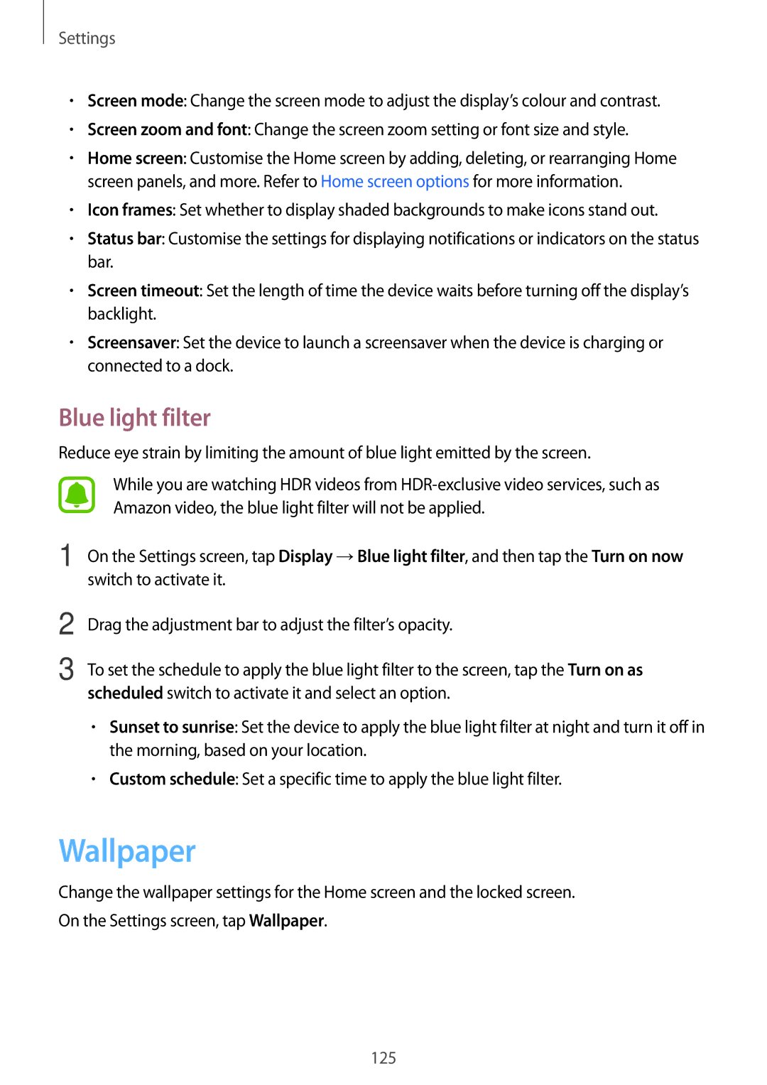 Samsung SM-T825NZSASEB, SM-T825NZKADBT, SM-T825NZSADBT, SM-T825NZSAXEF, SM-T825NZKAXEF manual Wallpaper, Blue light filter 