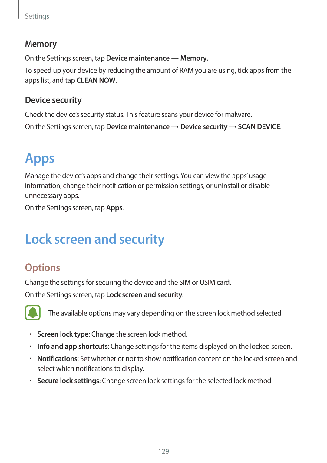 Samsung SM-T825NZKAXEH, SM-T825NZKADBT, SM-T825NZSADBT manual Apps, Lock screen and security, Memory, Device security 