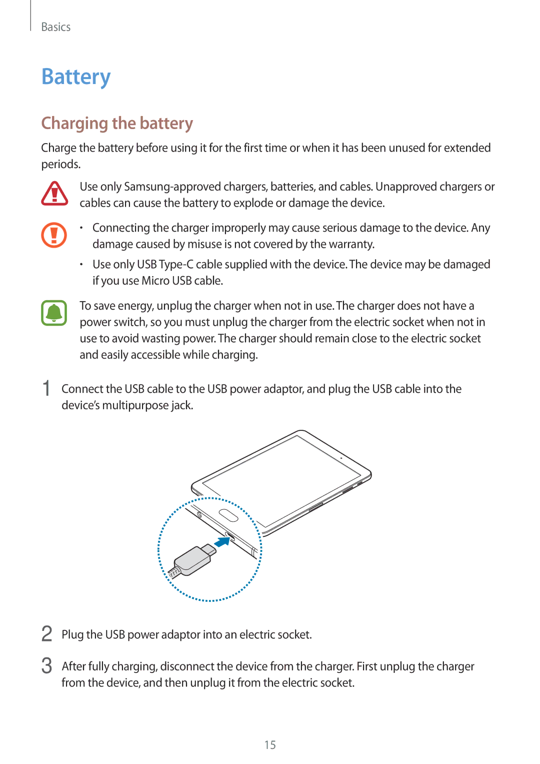 Samsung SM-T825NZSASEB, SM-T825NZKADBT, SM-T825NZSADBT, SM-T825NZSAXEF, SM-T825NZKAXEF manual Battery, Charging the battery 