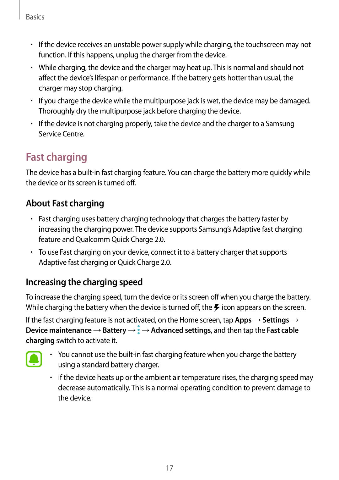 Samsung SM-T825NZKAEUR, SM-T825NZKADBT, SM-T825NZSADBT manual About Fast charging, Increasing the charging speed 