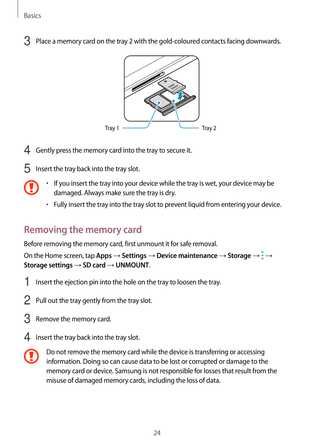 Samsung SM-T825NZSAXEF, SM-T825NZKADBT, SM-T825NZSADBT, SM-T825NZKAXEF, SM-T825NZSAITV manual Removing the memory card 