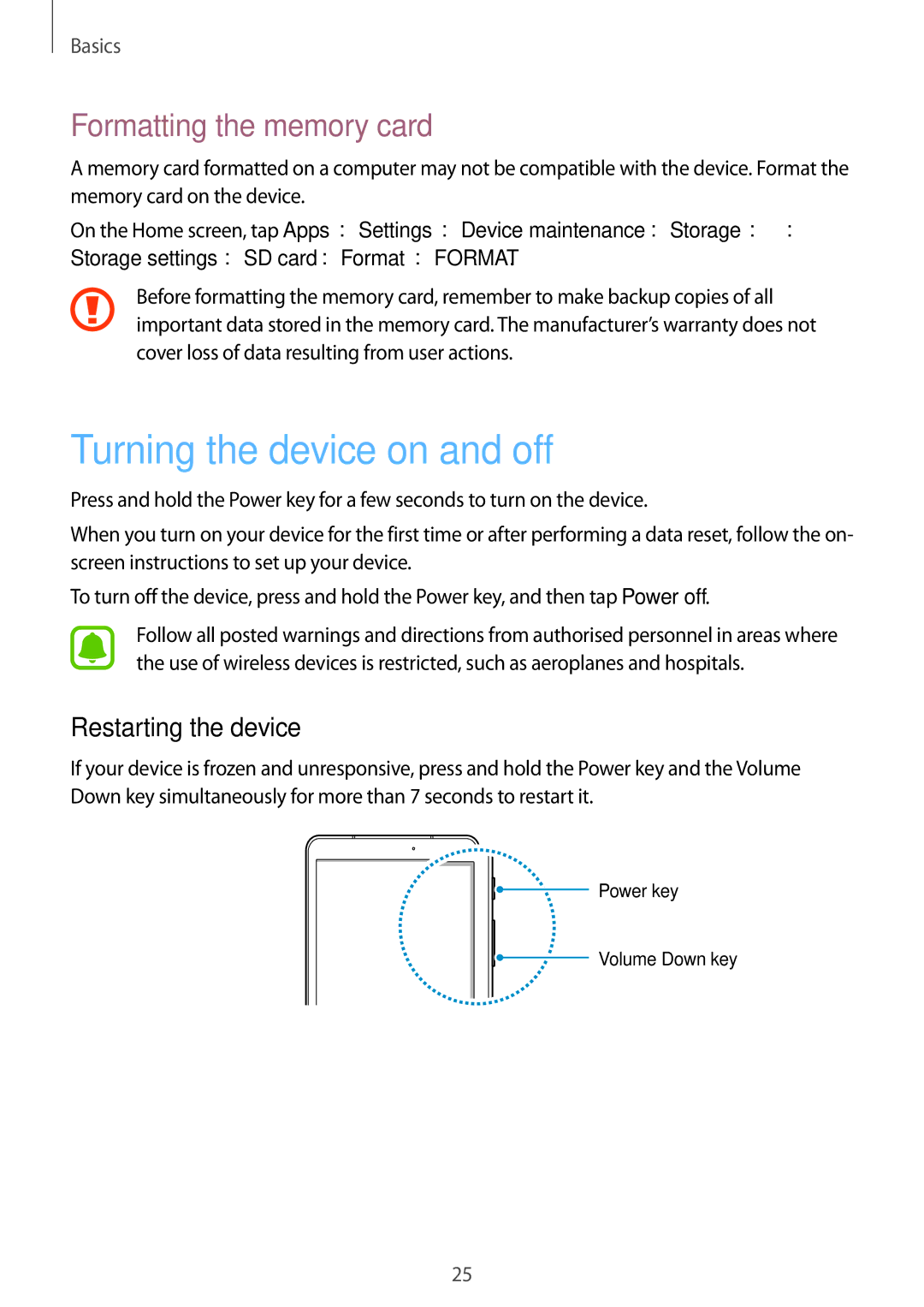 Samsung SM-T825NZKAXEF, SM-T825NZKADBT Turning the device on and off, Formatting the memory card, Restarting the device 