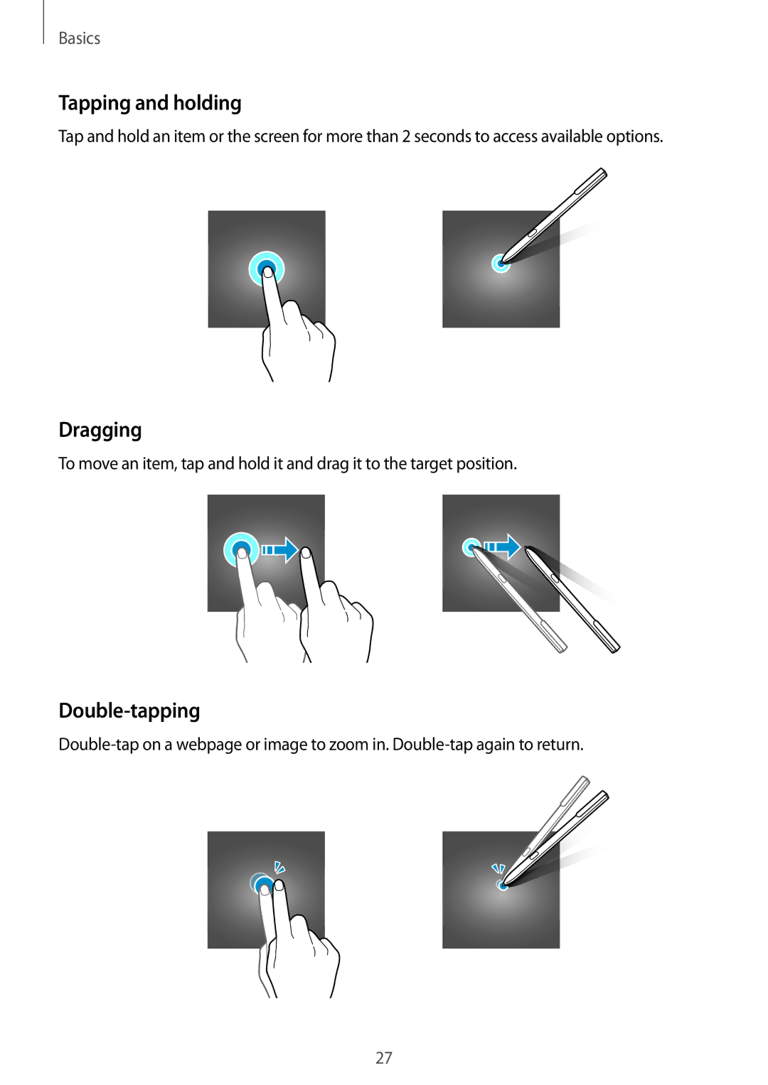 Samsung SM-T825NZKAITV, SM-T825NZKADBT, SM-T825NZSADBT, SM-T825NZSAXEF manual Tapping and holding, Dragging, Double-tapping 