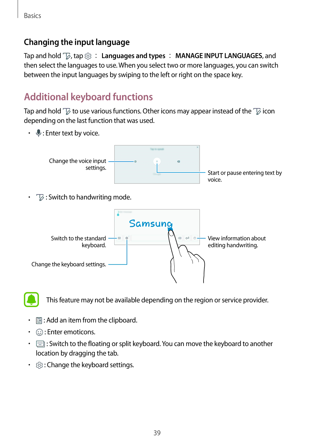 Samsung SM-T825NZKAEUR, SM-T825NZKADBT, SM-T825NZSADBT manual Additional keyboard functions, Changing the input language 