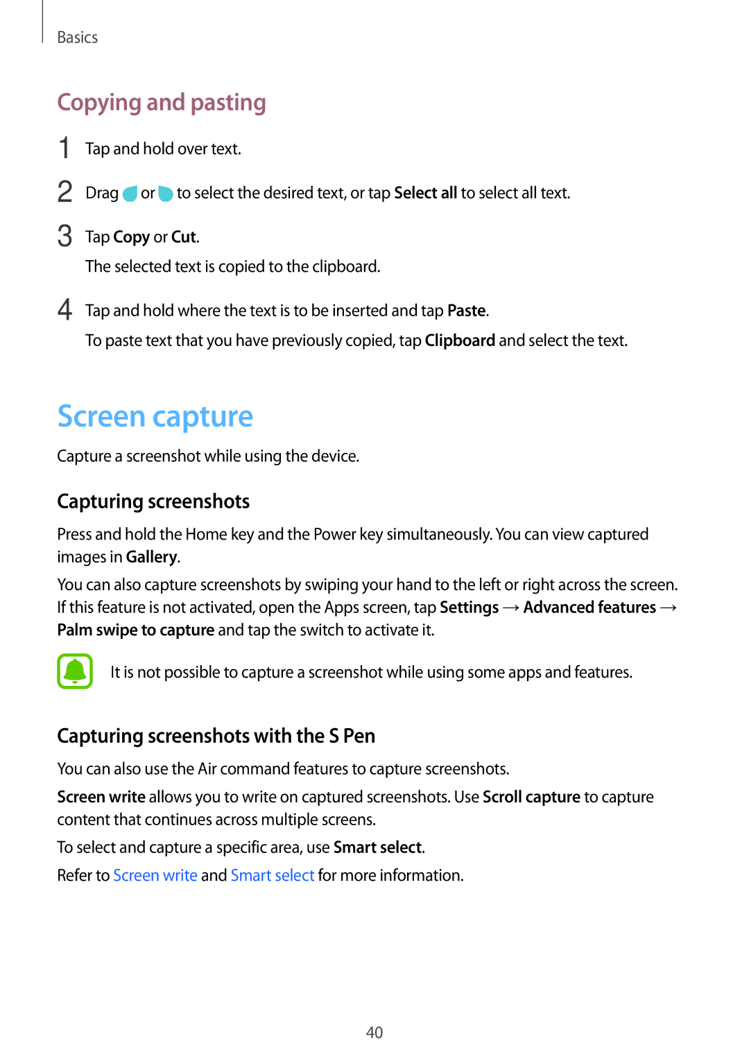 Samsung SM-T825NZSAEUR, SM-T825NZKADBT manual Screen capture, Copying and pasting, Capturing screenshots with the S Pen 