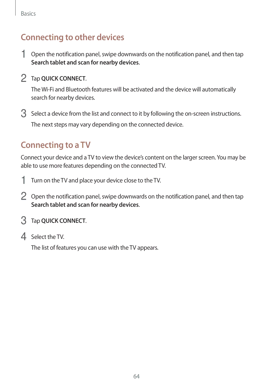 Samsung SM-T825NZKASER, SM-T825NZKADBT, SM-T825NZSADBT Connecting to other devices, Connecting to a TV, Tap Quick Connect 