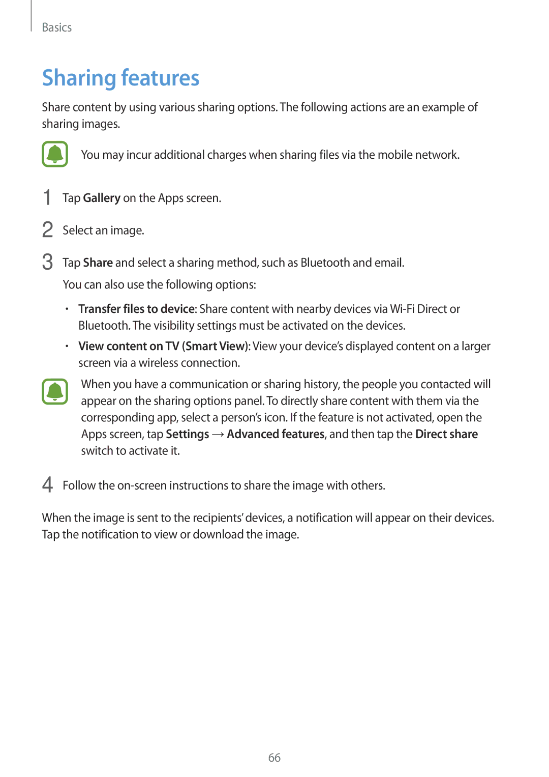 Samsung SM-T825NZKADBT, SM-T825NZSADBT, SM-T825NZSAXEF, SM-T825NZKAXEF, SM-T825NZSAITV, SM-T825NZKAITV manual Sharing features 