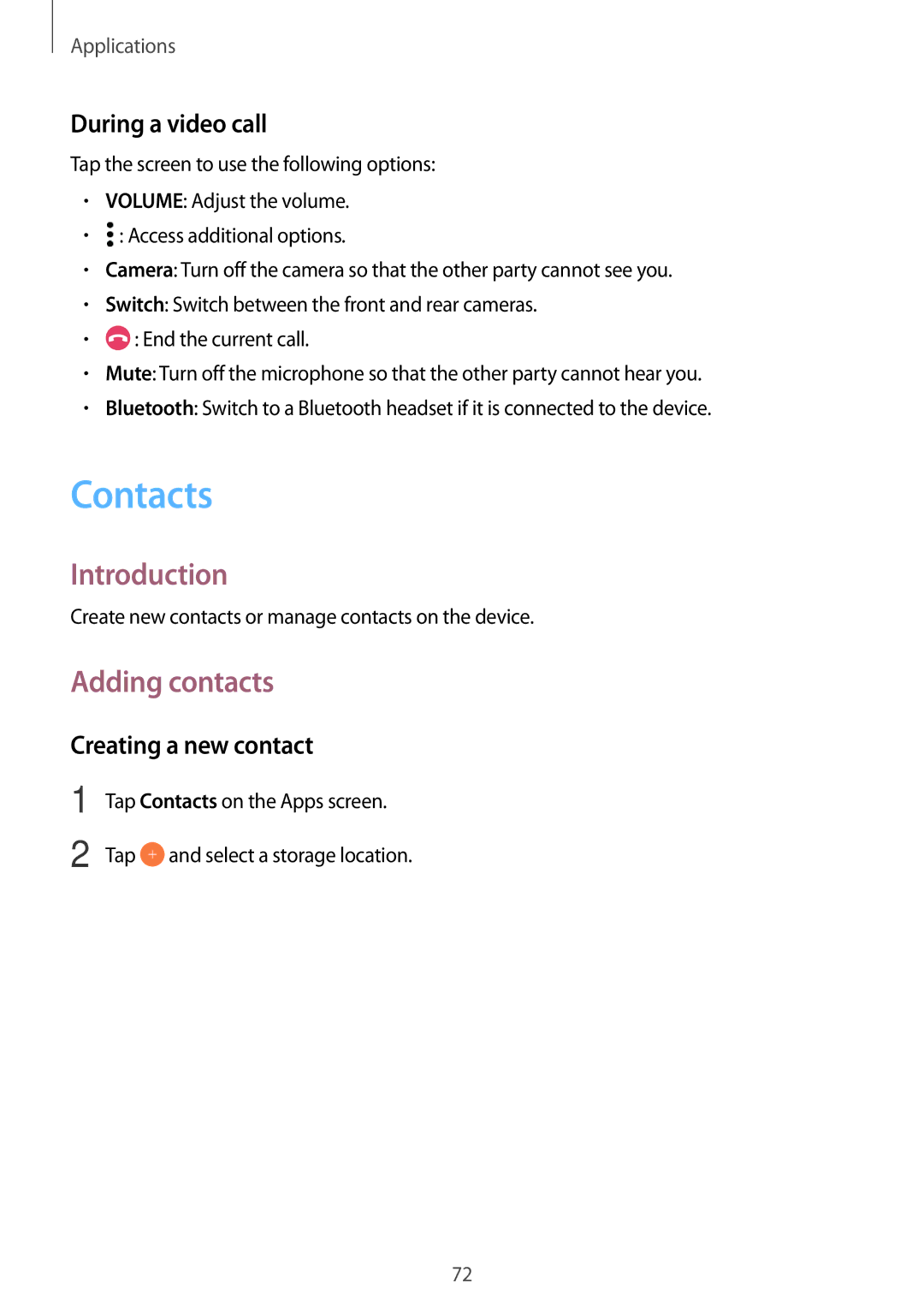 Samsung SM-T825NZSAPHE, SM-T825NZKADBT manual Contacts, Adding contacts, During a video call, Creating a new contact 