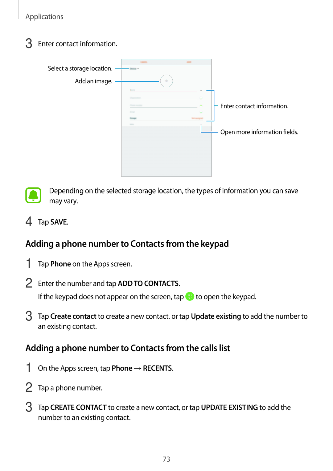 Samsung SM-T825NZKAPHE, SM-T825NZKADBT, SM-T825NZSADBT, SM-T825NZSAXEF Adding a phone number to Contacts from the keypad 