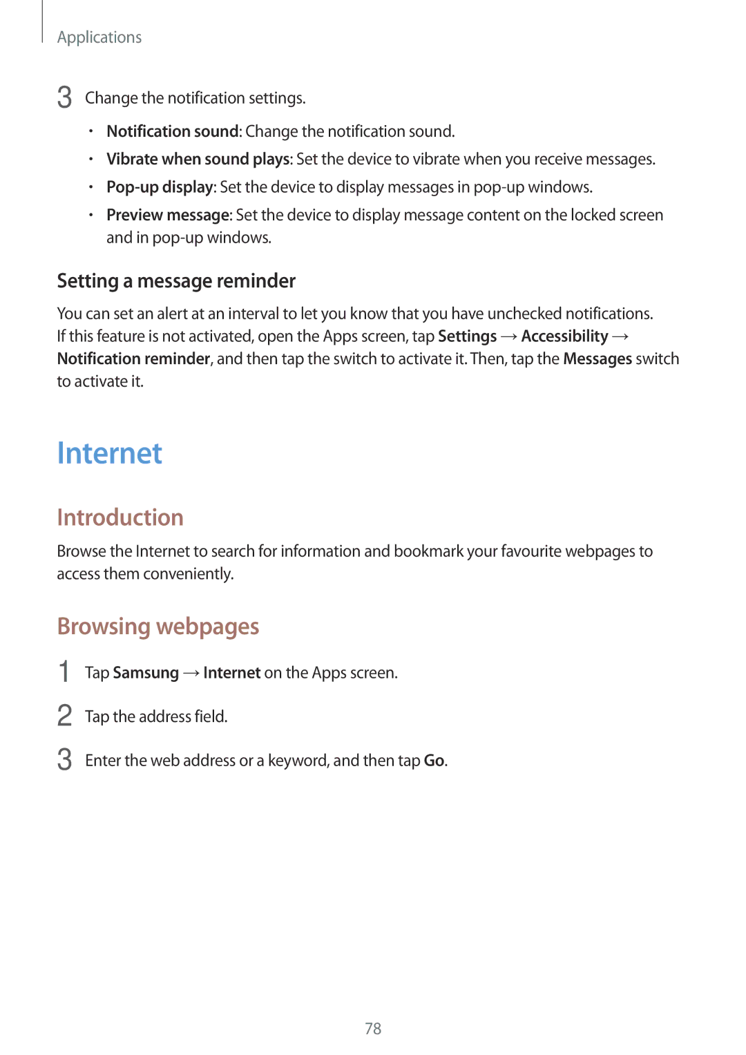 Samsung SM-T825NZKAXEZ, SM-T825NZKADBT, SM-T825NZSADBT manual Internet, Browsing webpages, Setting a message reminder 