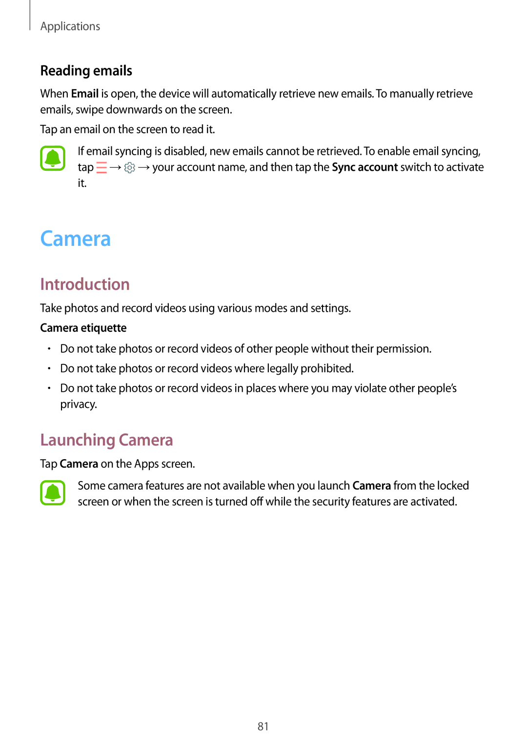 Samsung SM-T825NZSASEB, SM-T825NZKADBT, SM-T825NZSADBT manual Launching Camera, Reading emails, Camera etiquette 