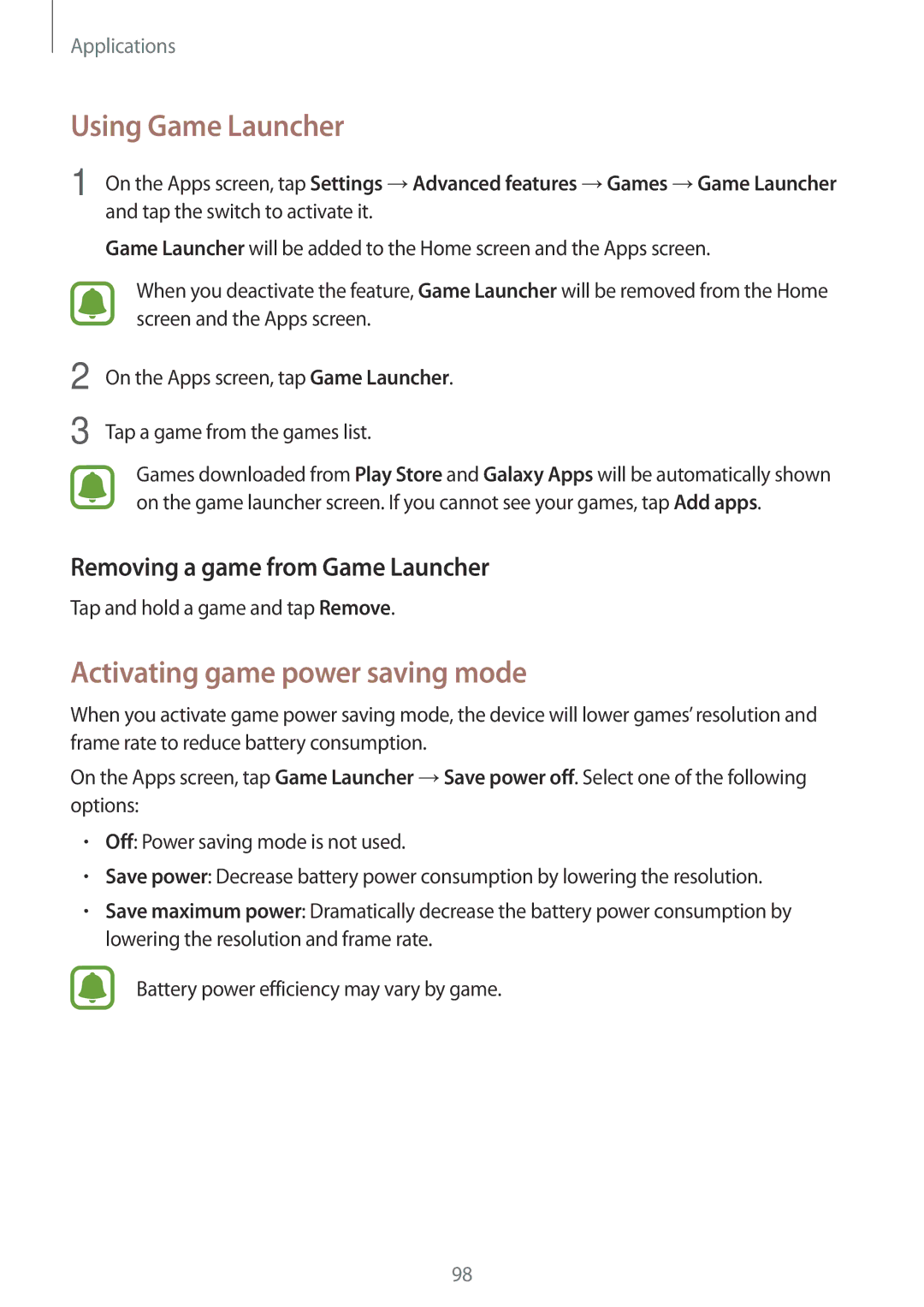 Samsung SM-T825NZKABGL manual Using Game Launcher, Activating game power saving mode, Removing a game from Game Launcher 