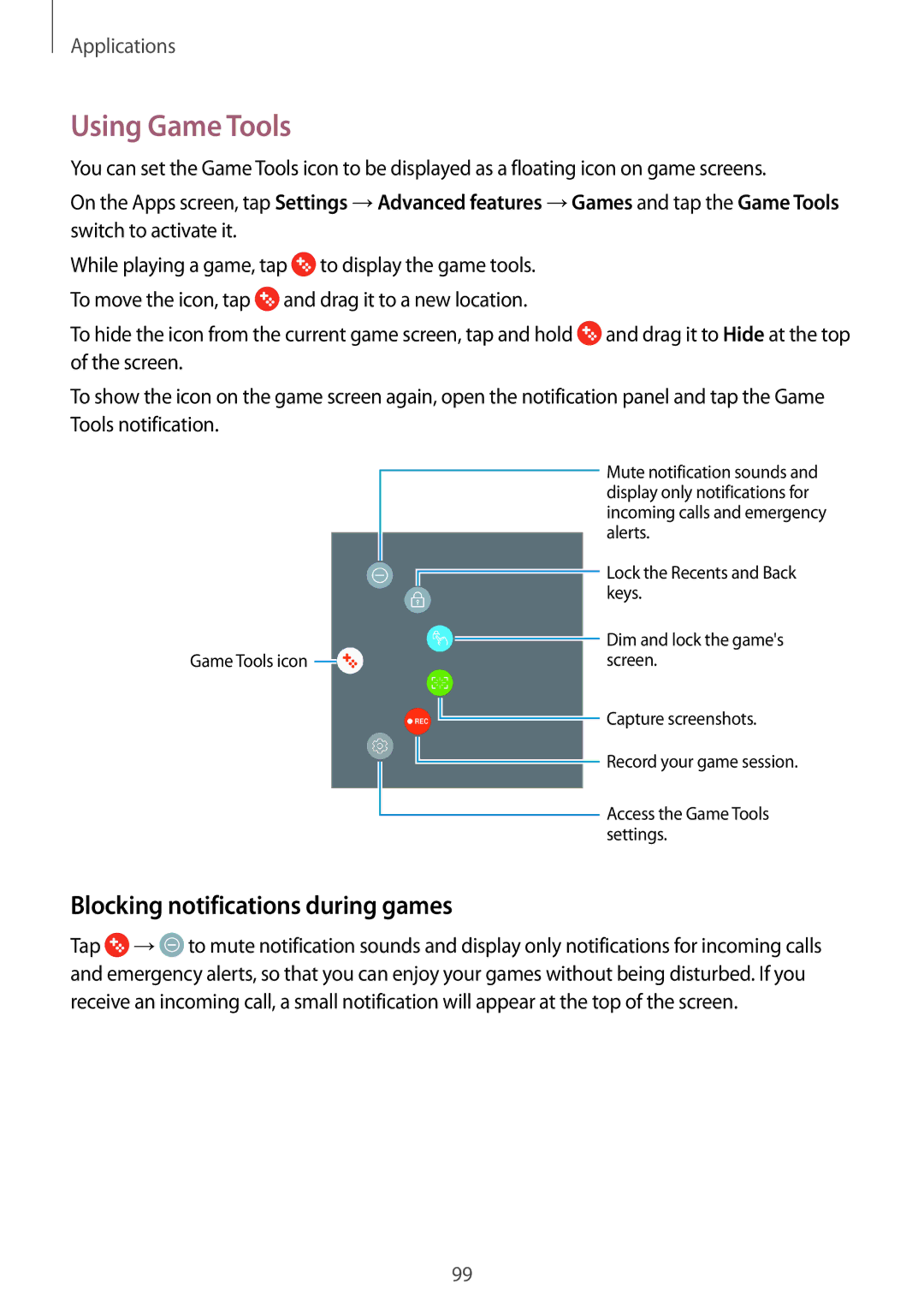 Samsung SM-T825NZSAXEZ, SM-T825NZKADBT, SM-T825NZSADBT, SM-T825NZSAXEF Using Game Tools, Blocking notifications during games 