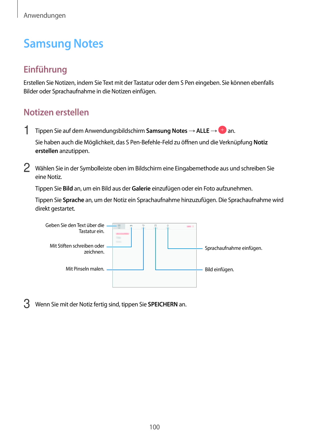 Samsung SM-T825NZKADBT manual Samsung Notes, Notizen erstellen, Wenn Sie mit der Notiz fertig sind, tippen Sie Speichern an 