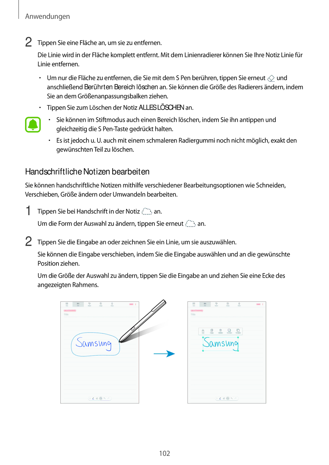 Samsung SM-T825NZKADBT, SM-T825NZSADBT manual Handschriftliche Notizen bearbeiten 