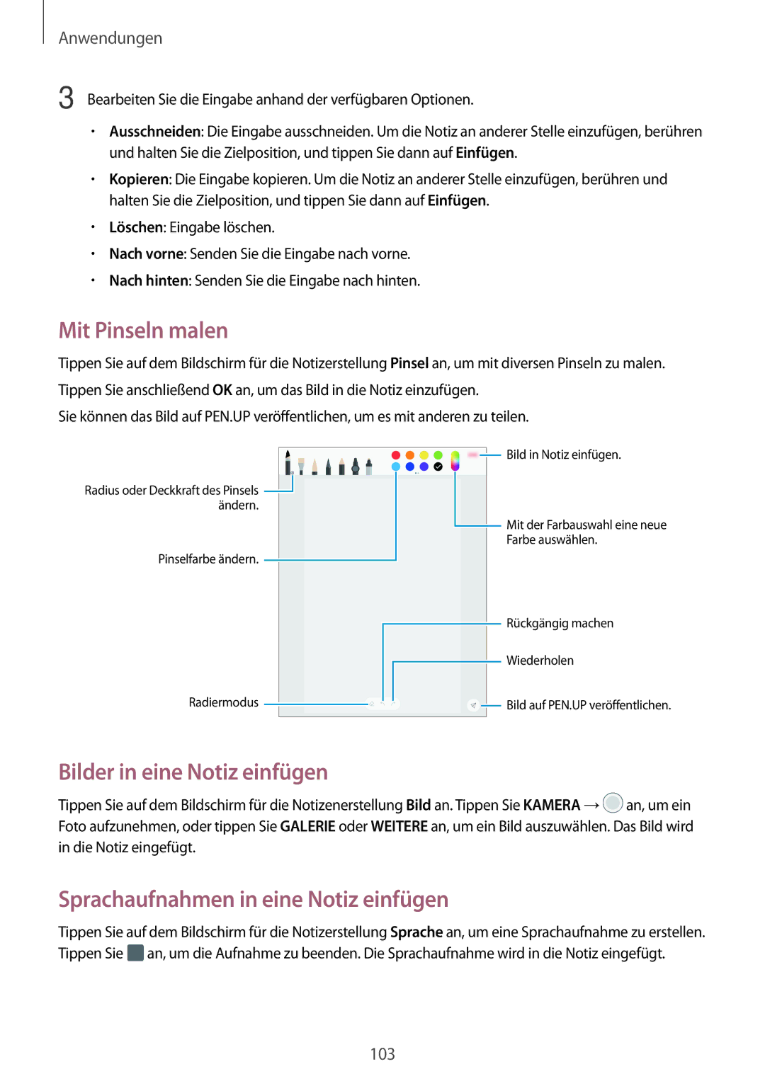 Samsung SM-T825NZSADBT manual Mit Pinseln malen, Bilder in eine Notiz einfügen, Sprachaufnahmen in eine Notiz einfügen 