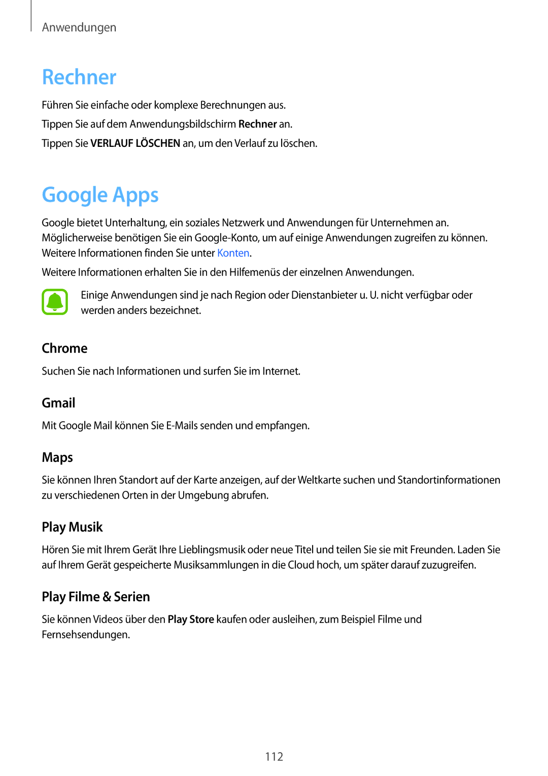 Samsung SM-T825NZKADBT, SM-T825NZSADBT manual Rechner, Google Apps 