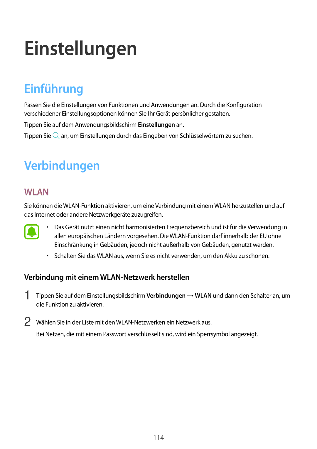 Samsung SM-T825NZKADBT Einführung, Verbindungen, Verbindung mit einem WLAN-Netzwerk herstellen, Die Funktion zu aktivieren 