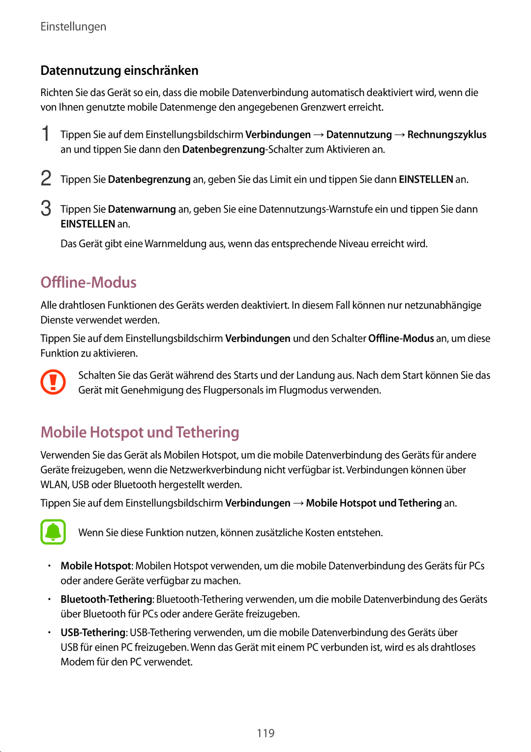 Samsung SM-T825NZSADBT manual Offline-Modus, Mobile Hotspot und Tethering, Datennutzung einschränken, Einstellen an 