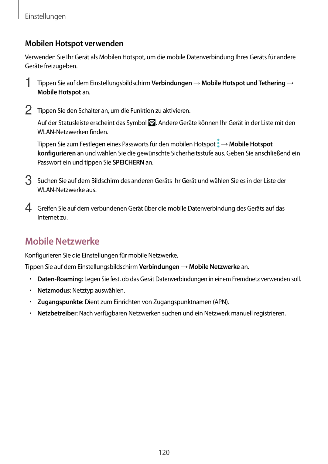 Samsung SM-T825NZKADBT, SM-T825NZSADBT manual Mobile Netzwerke, Mobilen Hotspot verwenden 