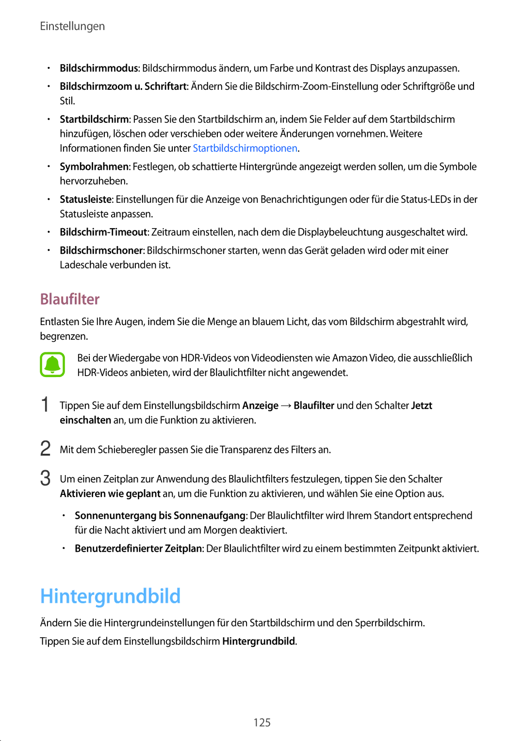 Samsung SM-T825NZSADBT, SM-T825NZKADBT manual Hintergrundbild, Blaufilter 