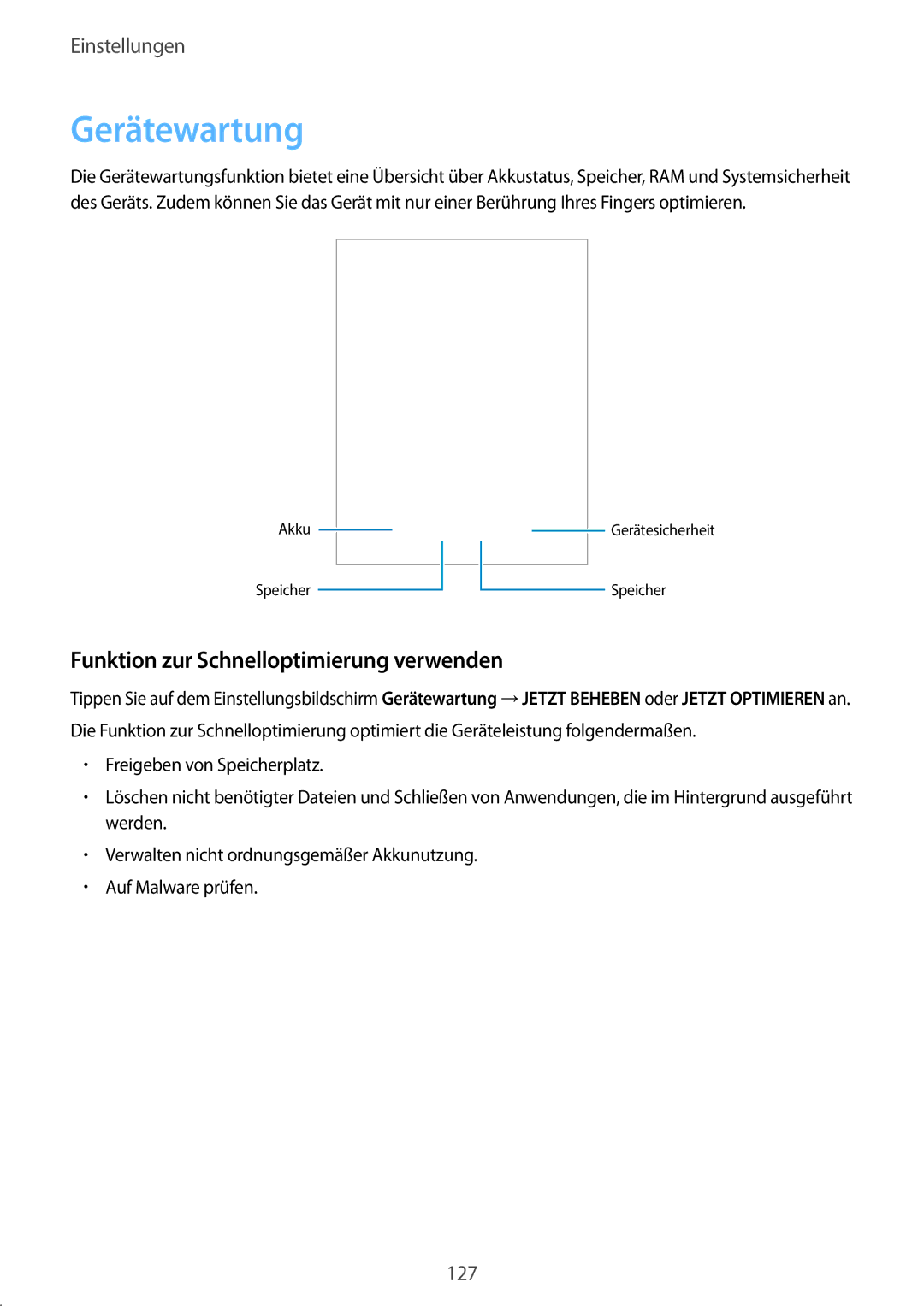 Samsung SM-T825NZSADBT, SM-T825NZKADBT manual Gerätewartung, Funktion zur Schnelloptimierung verwenden 