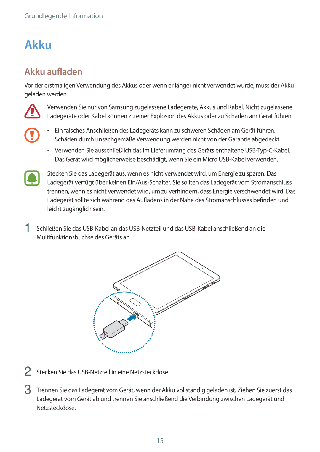 Samsung SM-T825NZSADBT, SM-T825NZKADBT manual Akku aufladen 