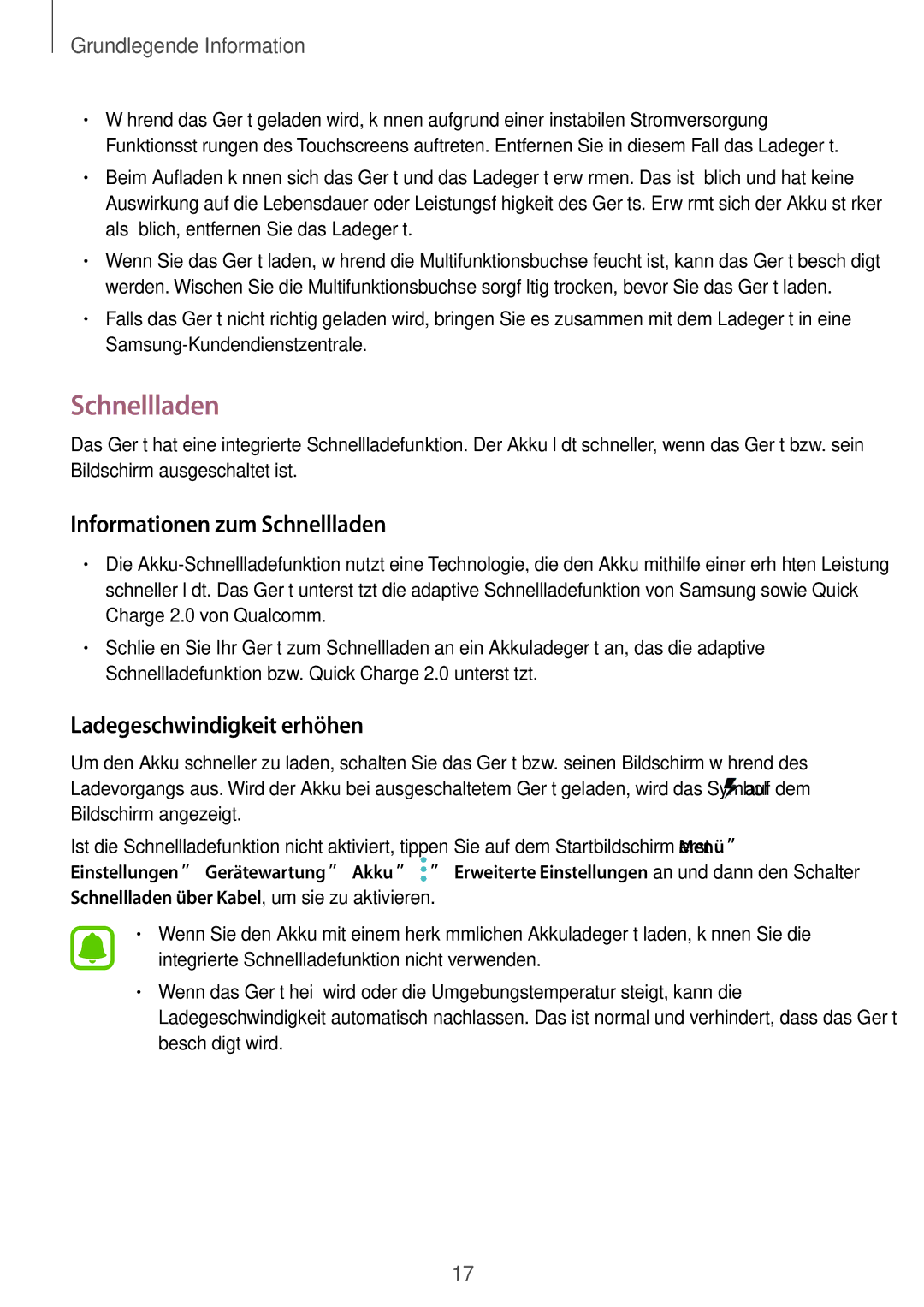 Samsung SM-T825NZSADBT, SM-T825NZKADBT manual Informationen zum Schnellladen, Ladegeschwindigkeit erhöhen 